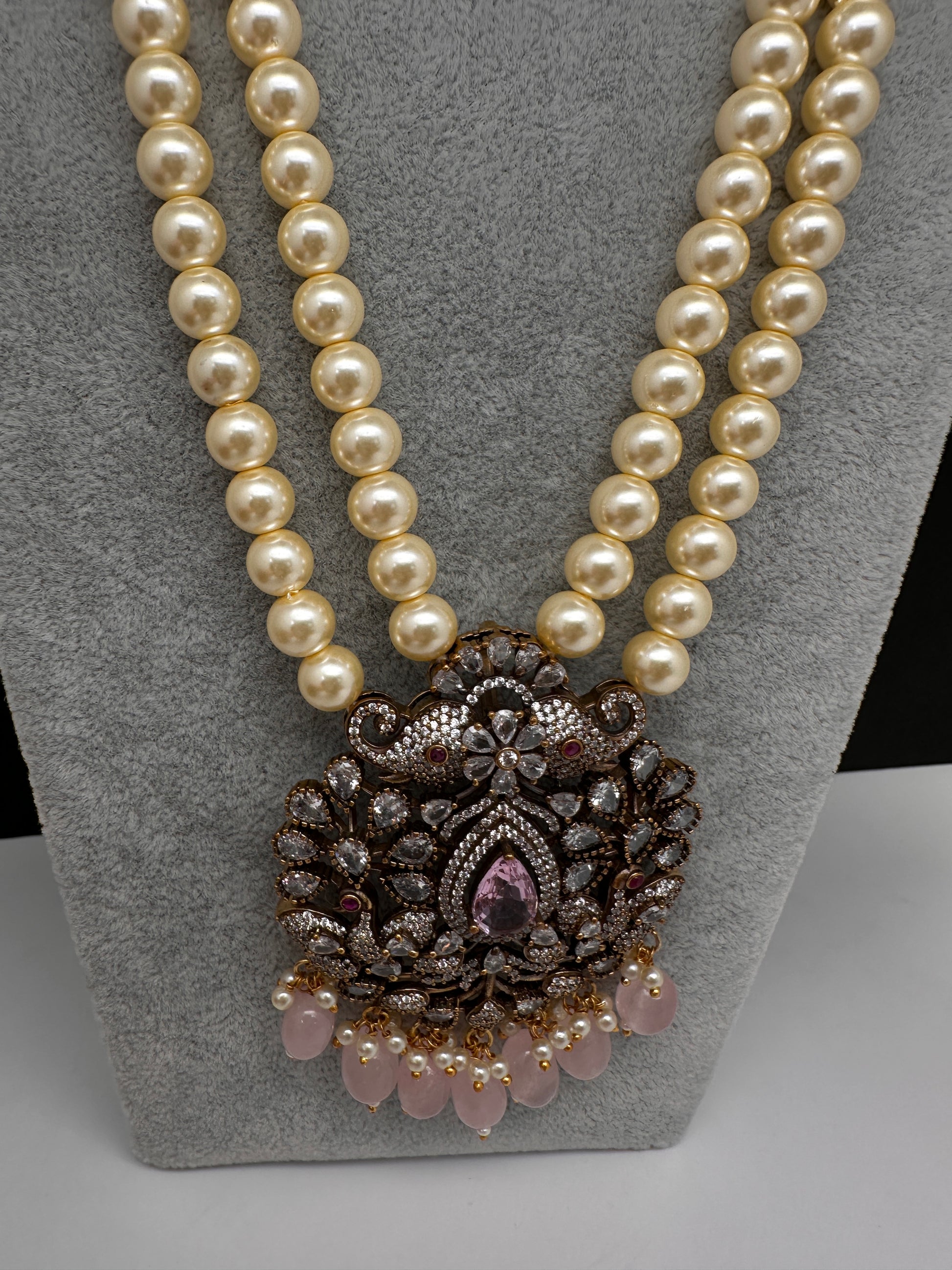 Victorian Elephant CZ Swaroski Pearls Beads Mala Necklace - Pink