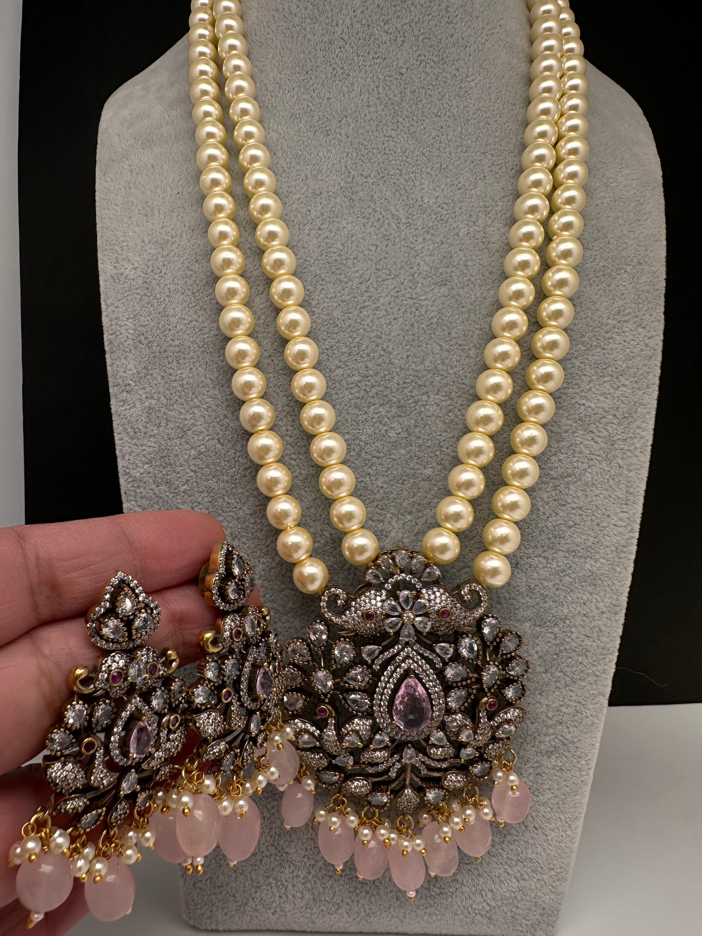 Victorian Elephant CZ Swaroski Pearls Beads Mala Necklace - Pink
