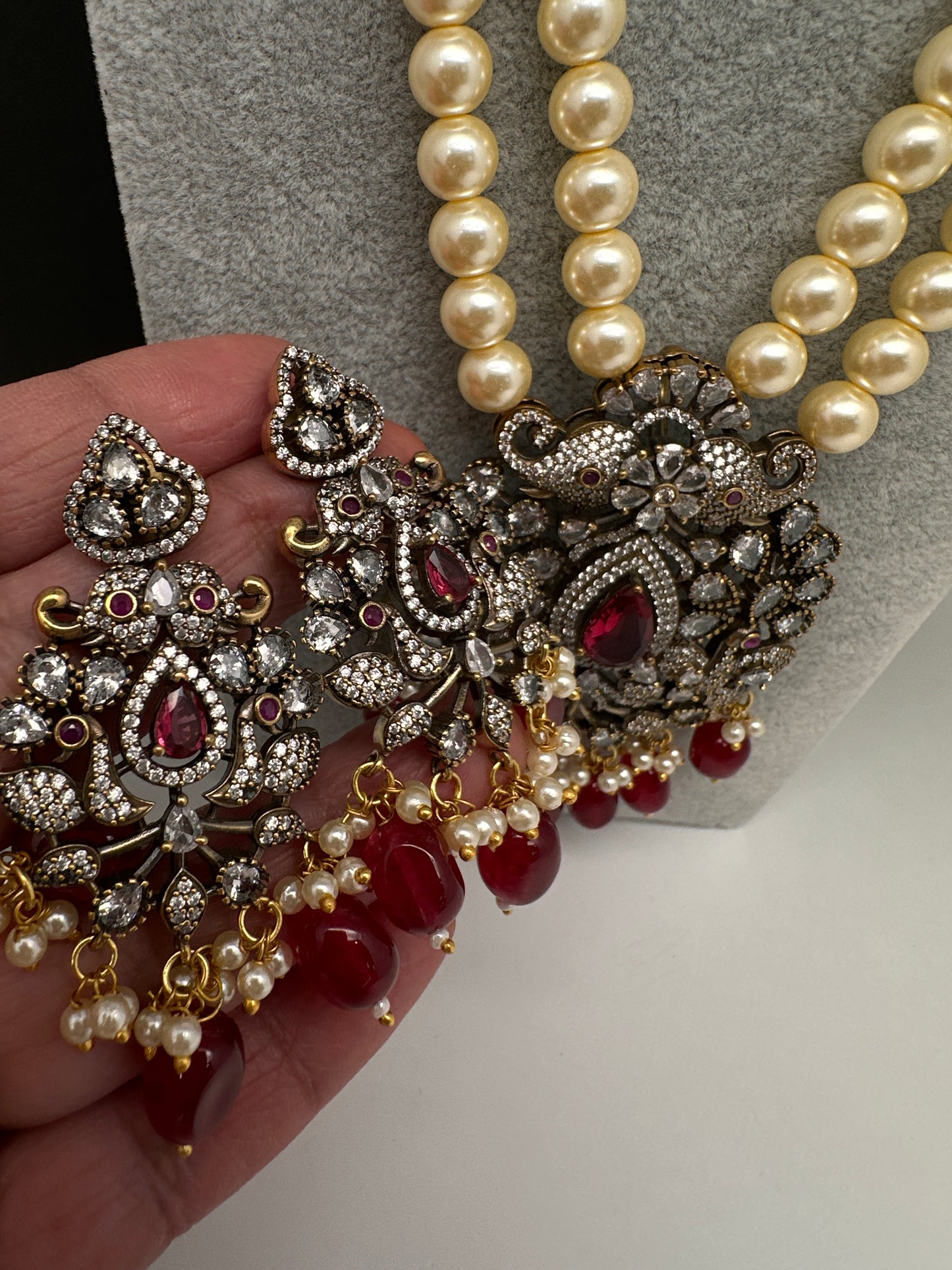 Victorian Elephant CZ Swaroski Pearls Beads Mala Necklace - Red