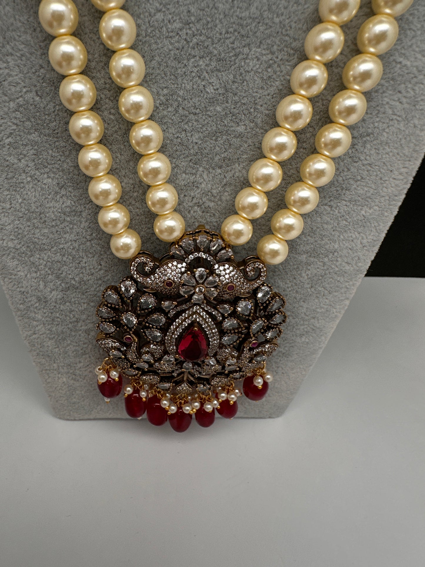 Victorian Elephant CZ Swaroski Pearls Beads Mala Necklace - Red