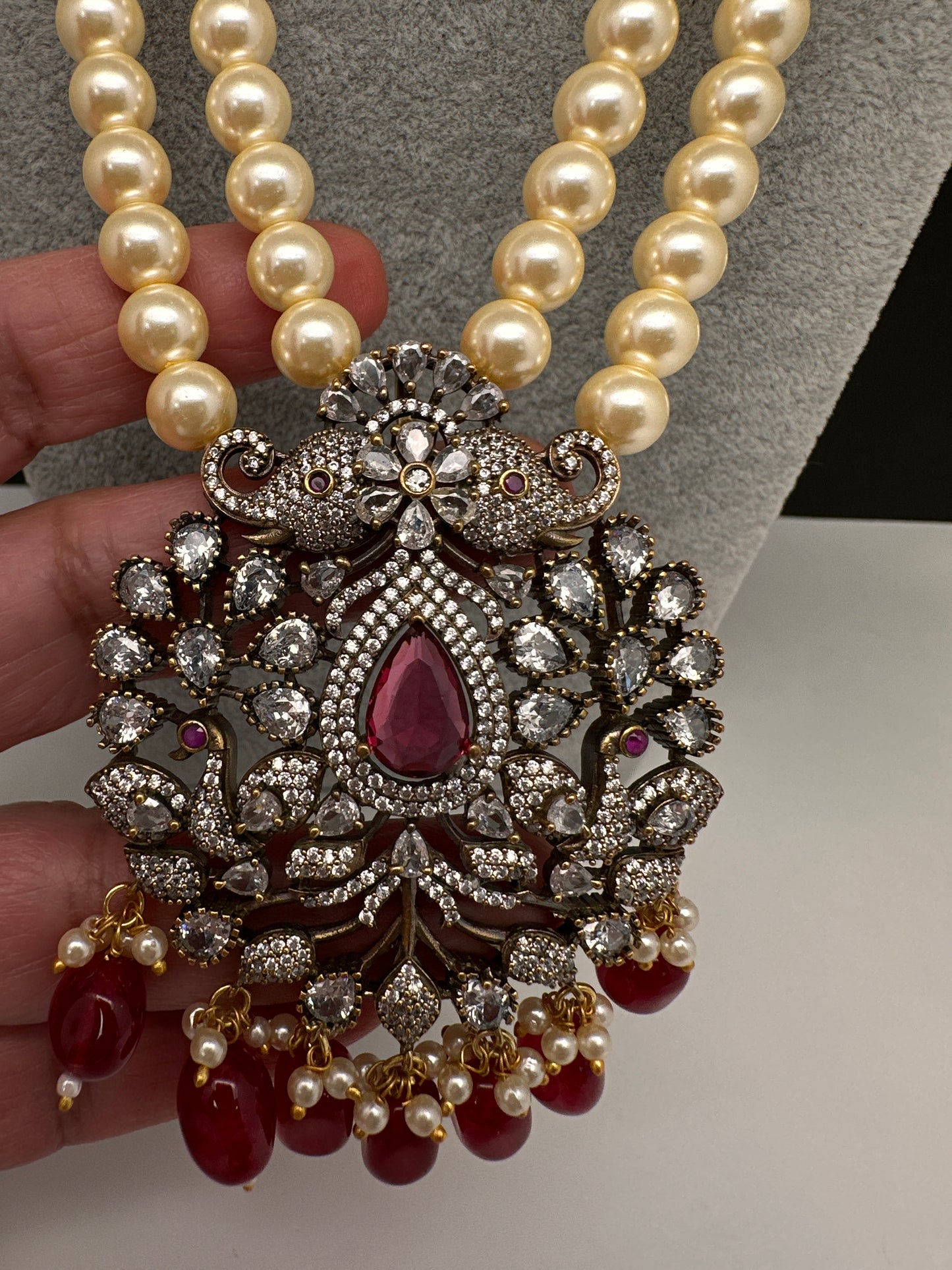 Victorian Elephant CZ Swaroski Pearls Beads Mala Necklace - Red