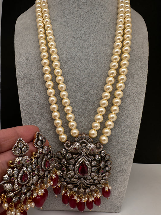 Victorian Elephant CZ Swaroski Pearls Beads Mala Necklace - Red