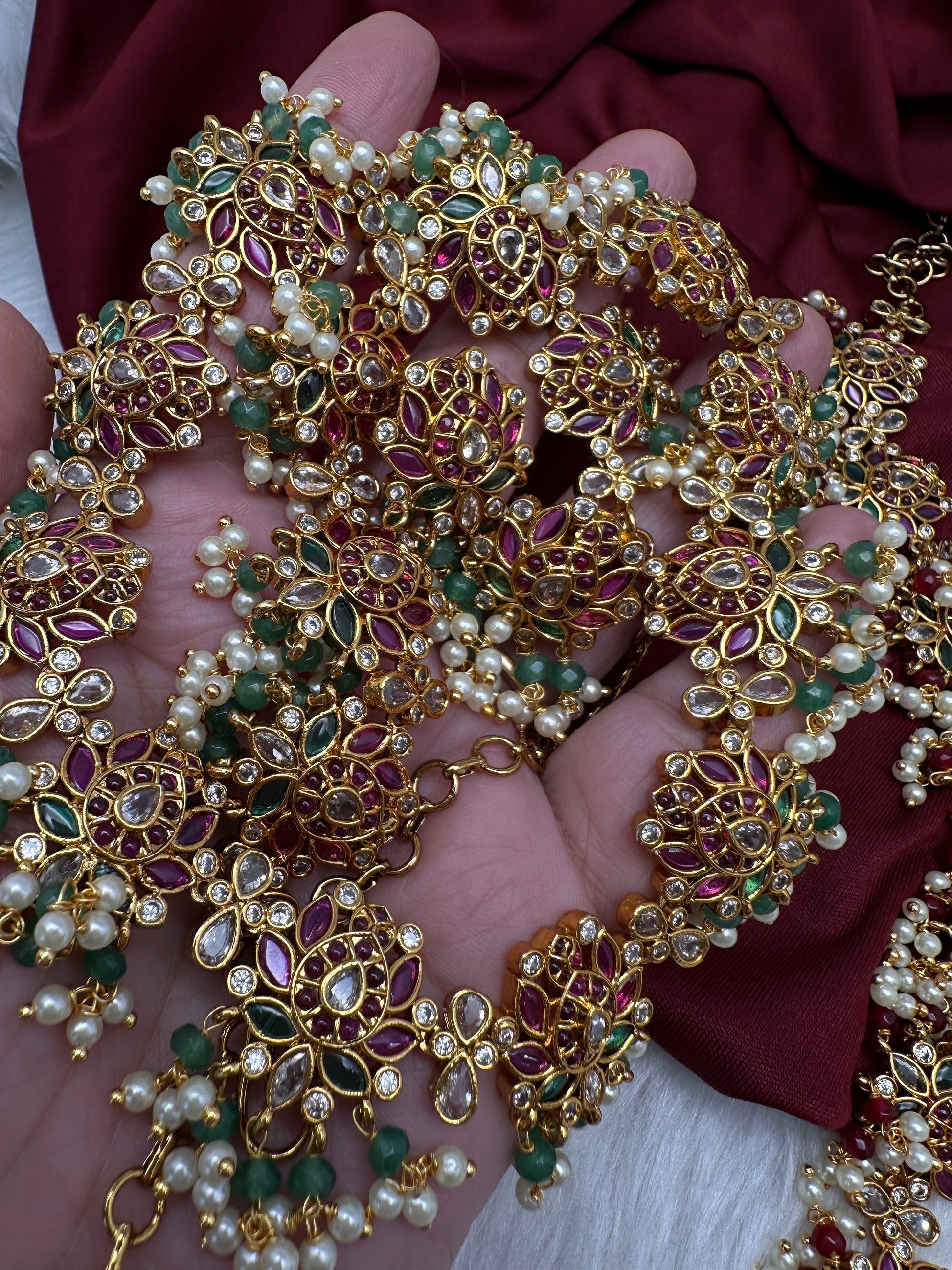 Kempu Lotus Color Long Necklace - Green