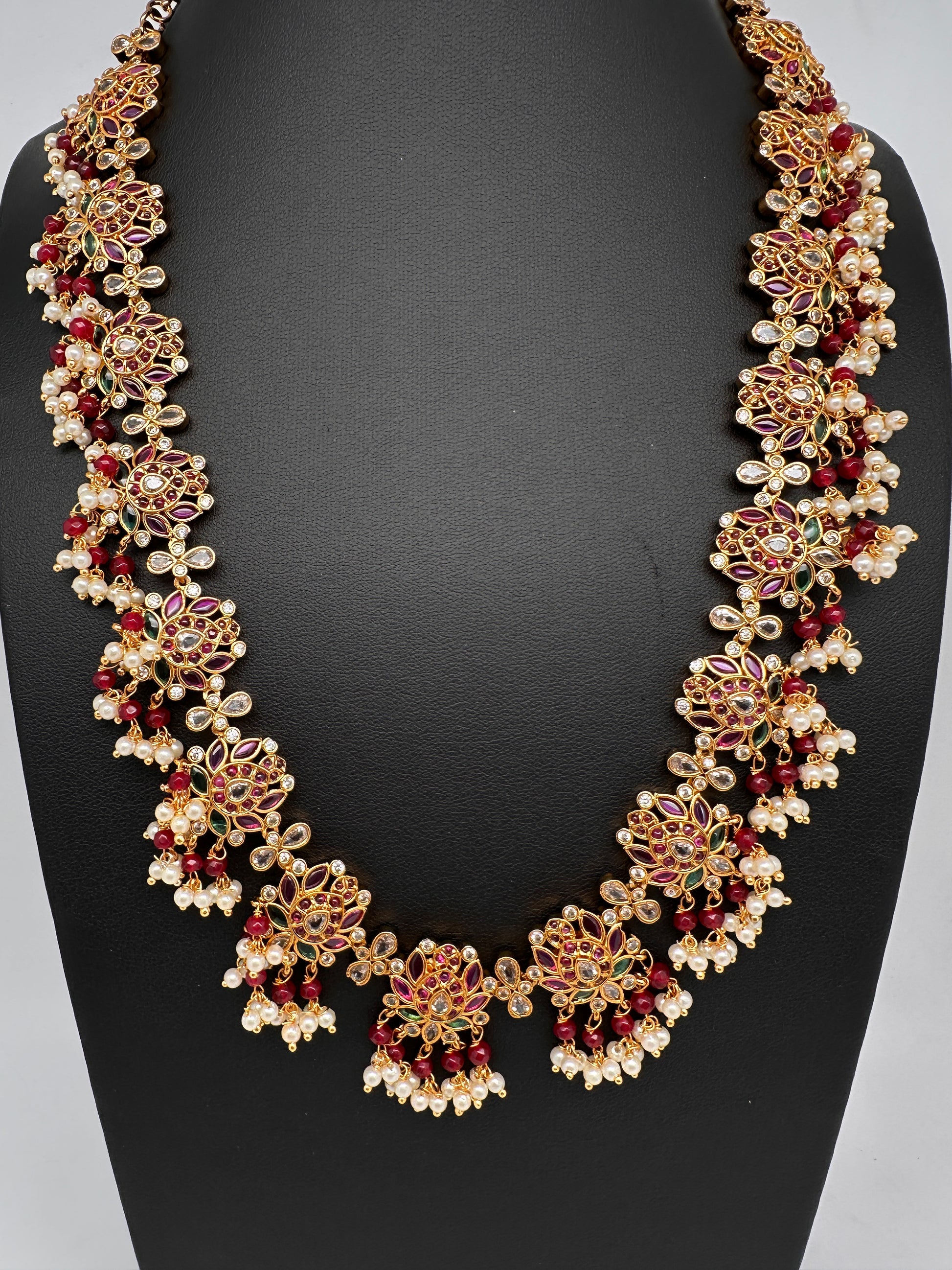Kempu Lotus Color Long Necklace - Red
