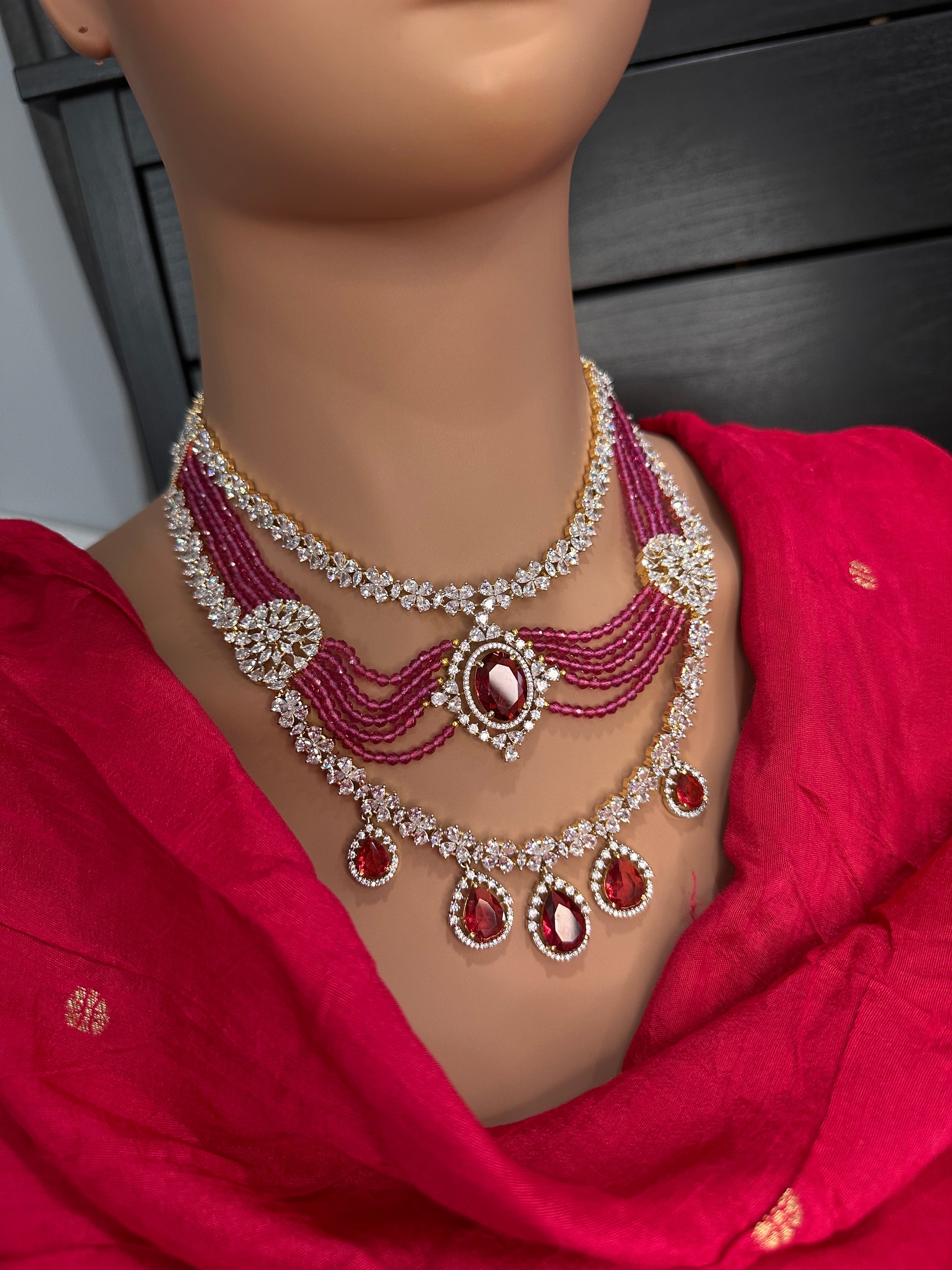 AD Multi Layer Beads Fussion Necklace - Red