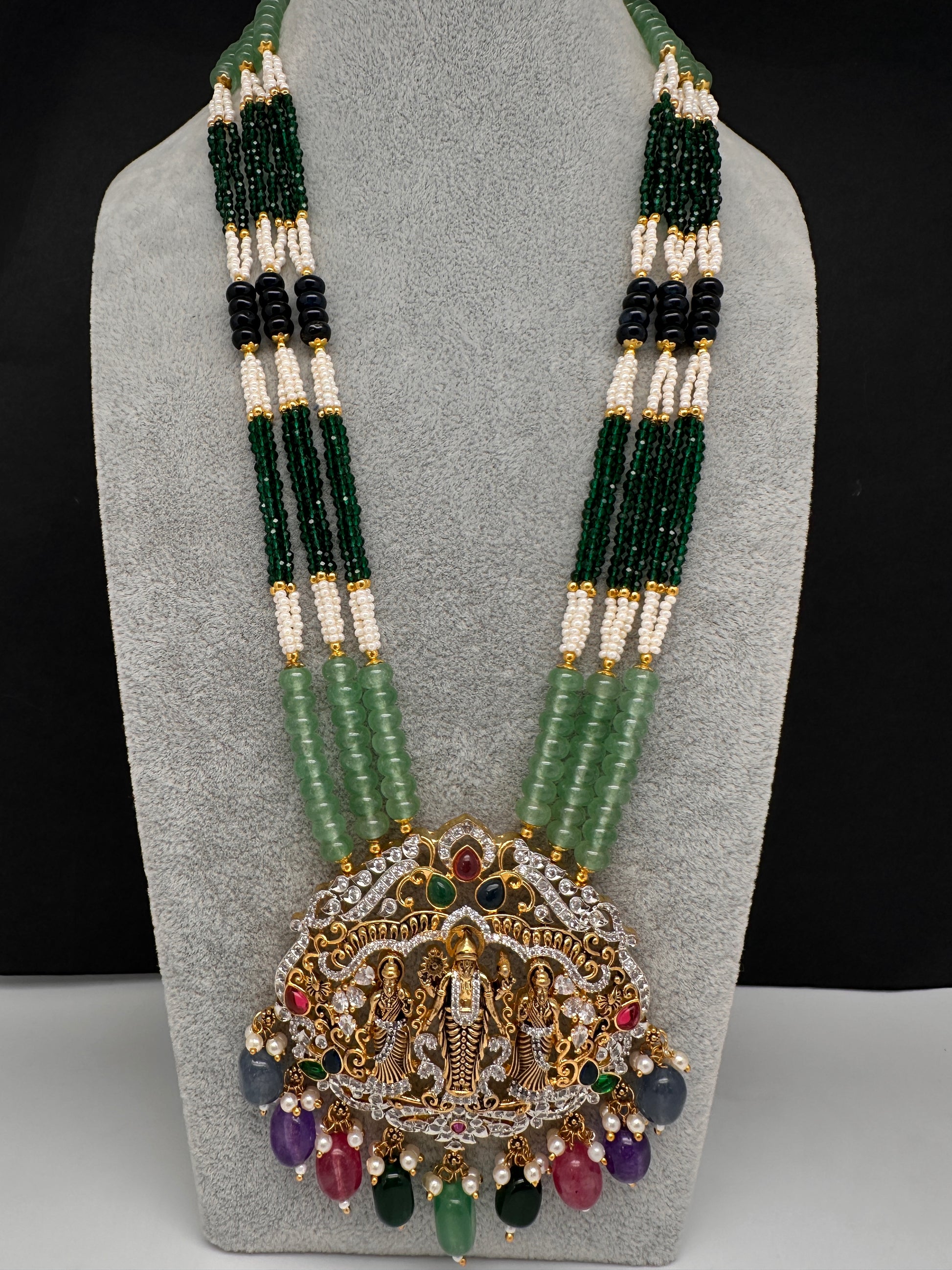 Lord Venkateswara Pendent Green Multi Beads Necklace - 
