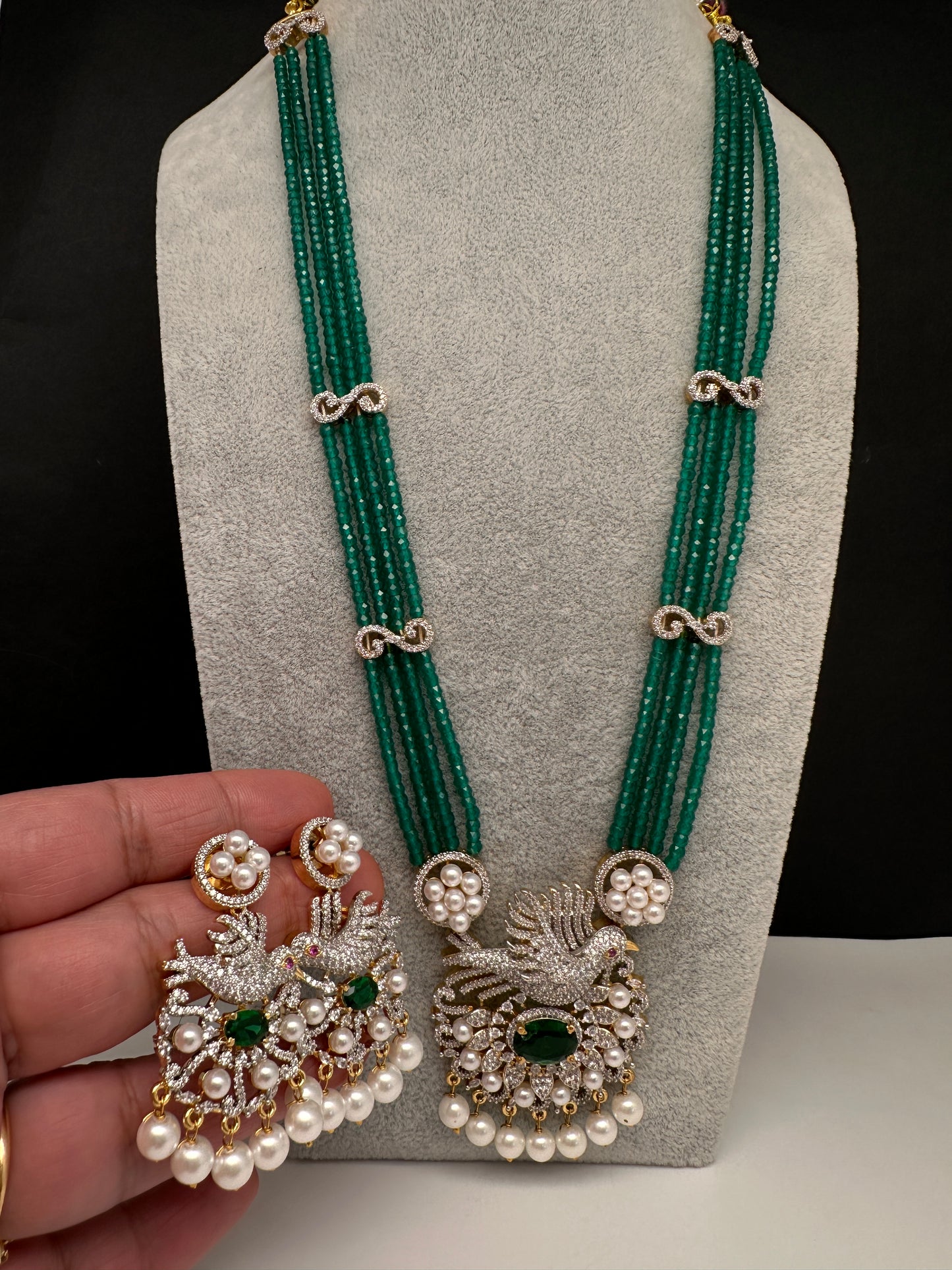 CZ Green Beads Birdie Necklace - 