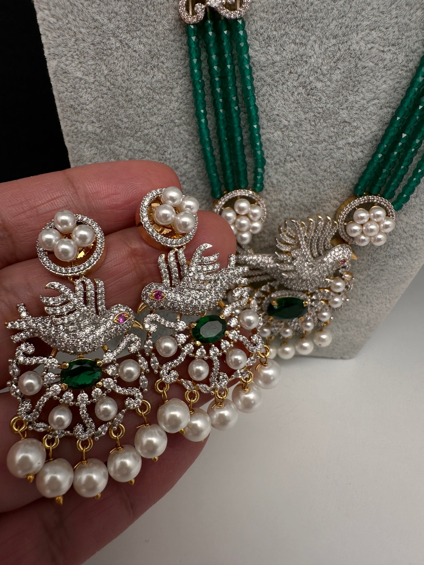 CZ Green Beads Birdie Necklace - 
