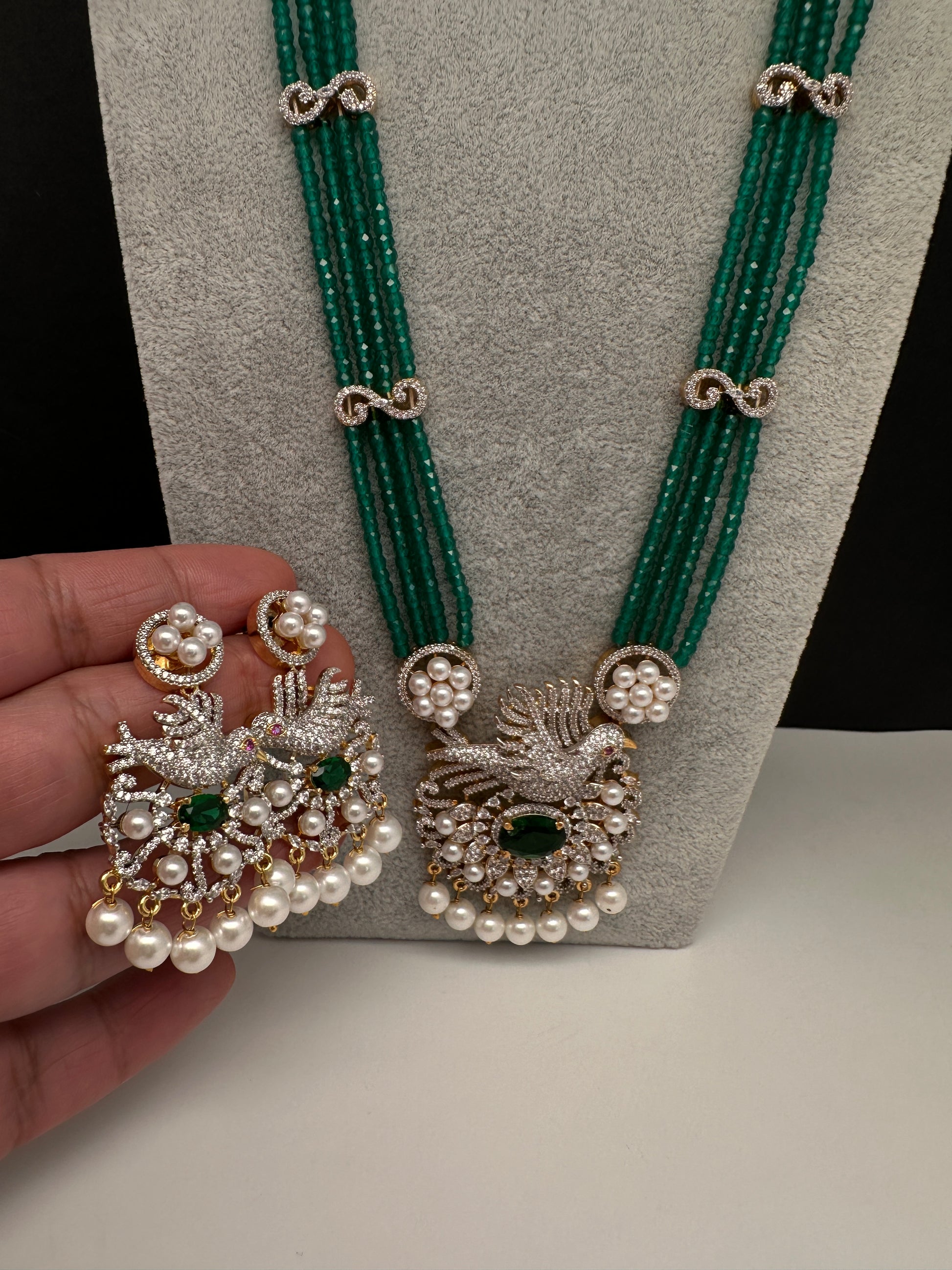 CZ Green Beads Birdie Necklace - 