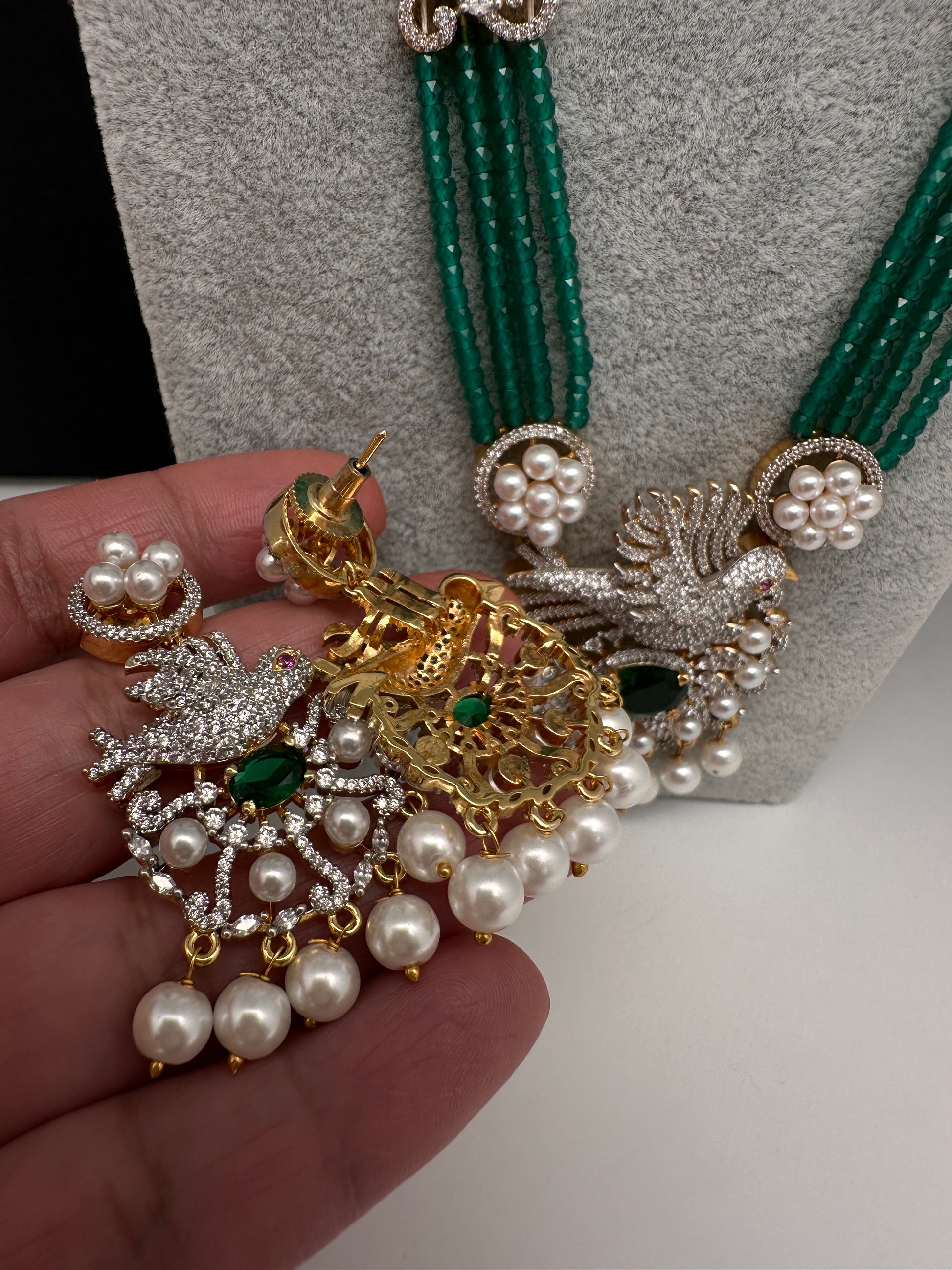 CZ Green Beads Birdie Necklace - 