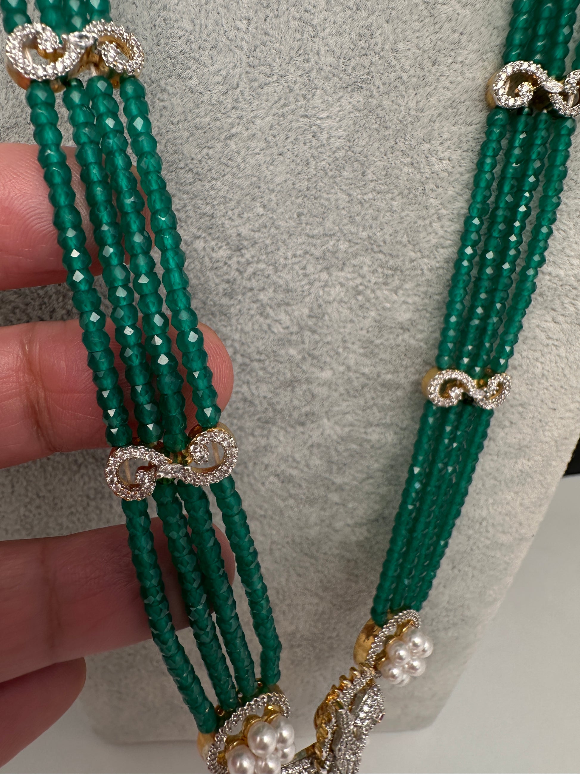 CZ Green Beads Birdie Necklace - 
