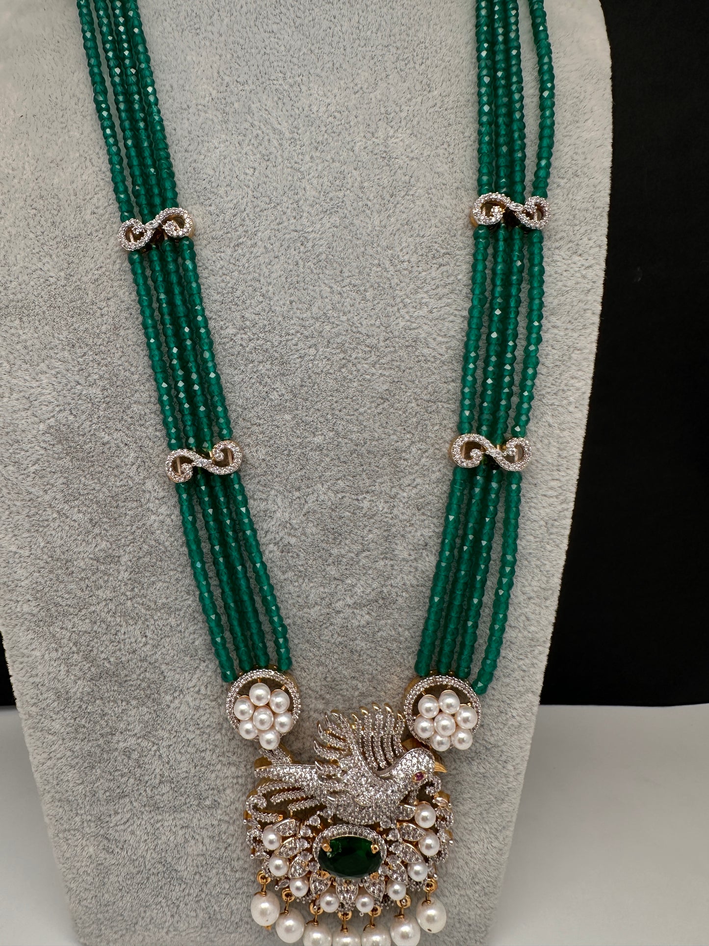 CZ Green Beads Birdie Necklace - 