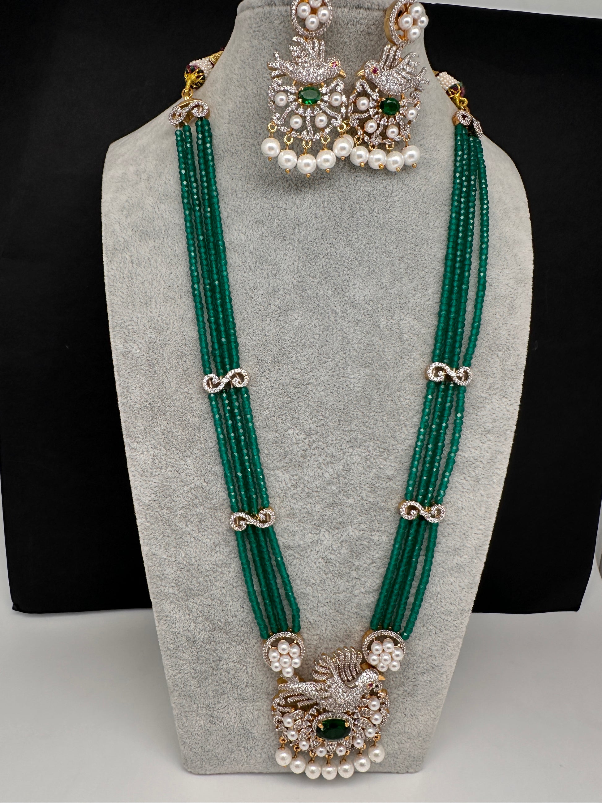 CZ Green Beads Birdie Necklace - 