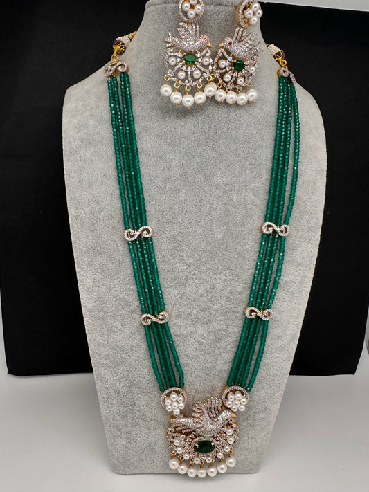 CZ Green Beads Birdie Necklace - 