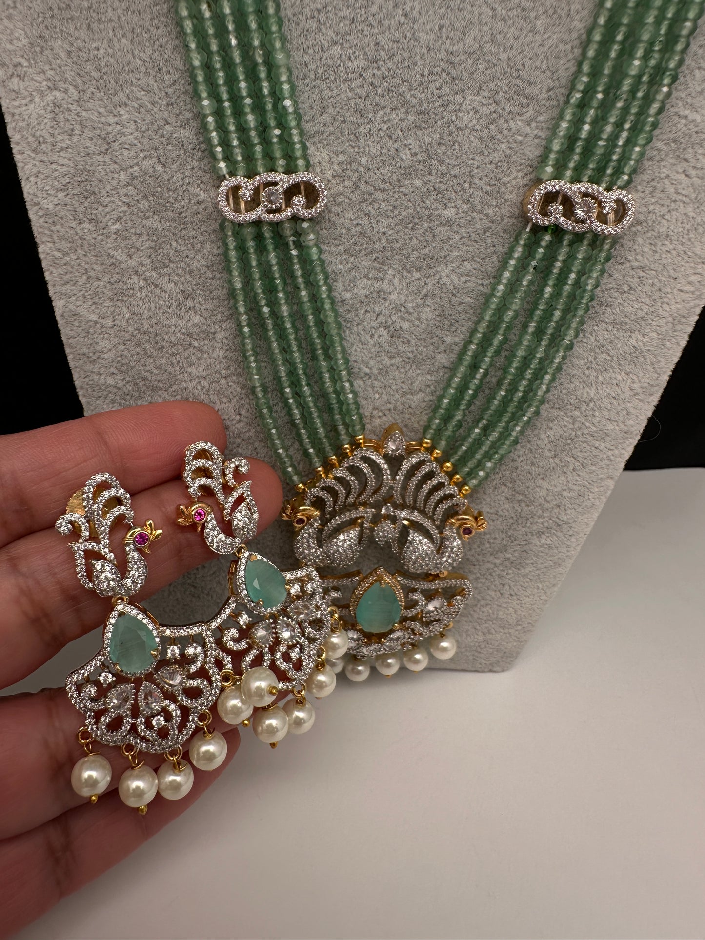 CZ Beads Long Color Stone Birdie Necklace - MintGreen