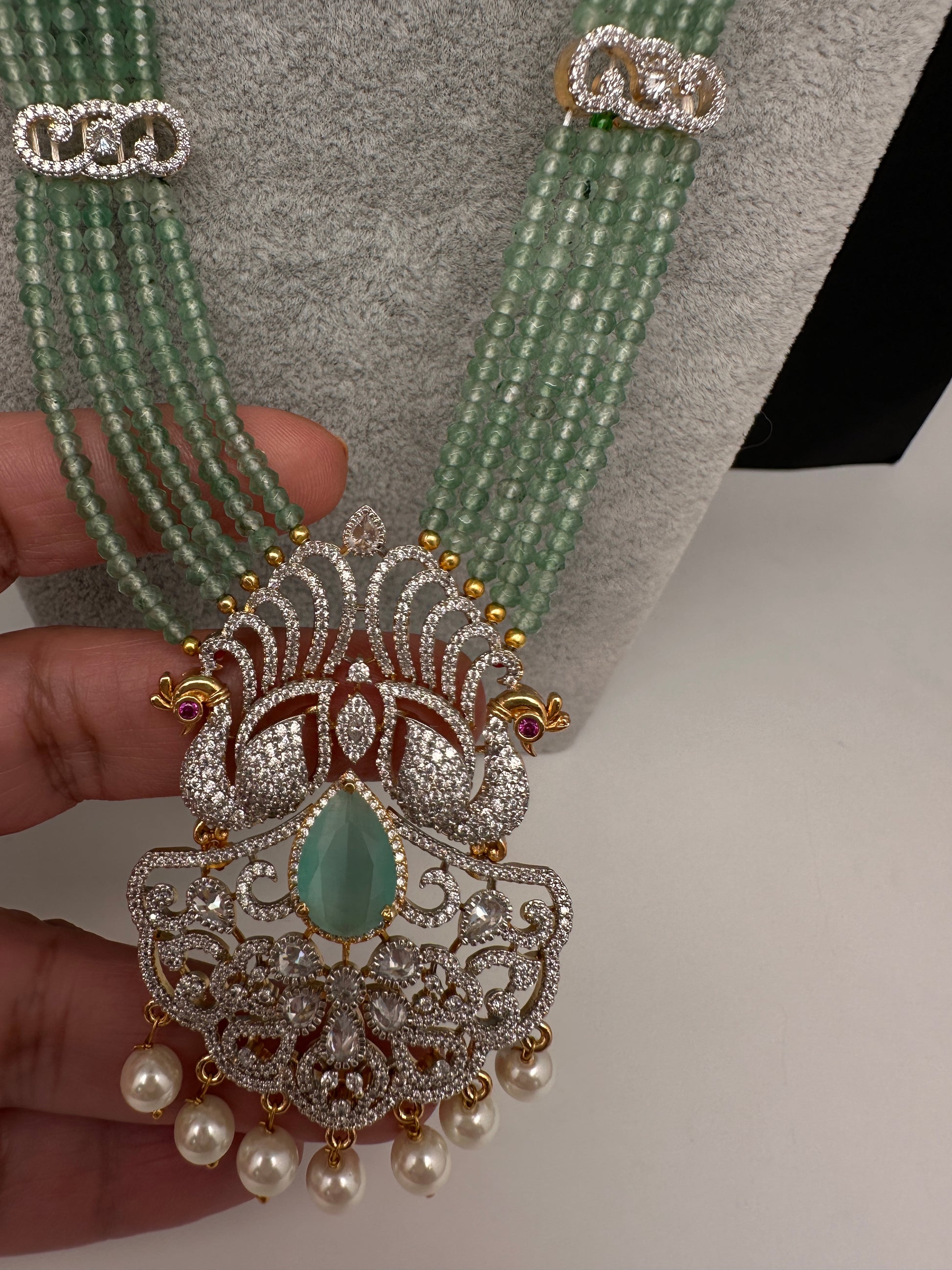 CZ Beads Long Color Stone Birdie Necklace - MintGreen