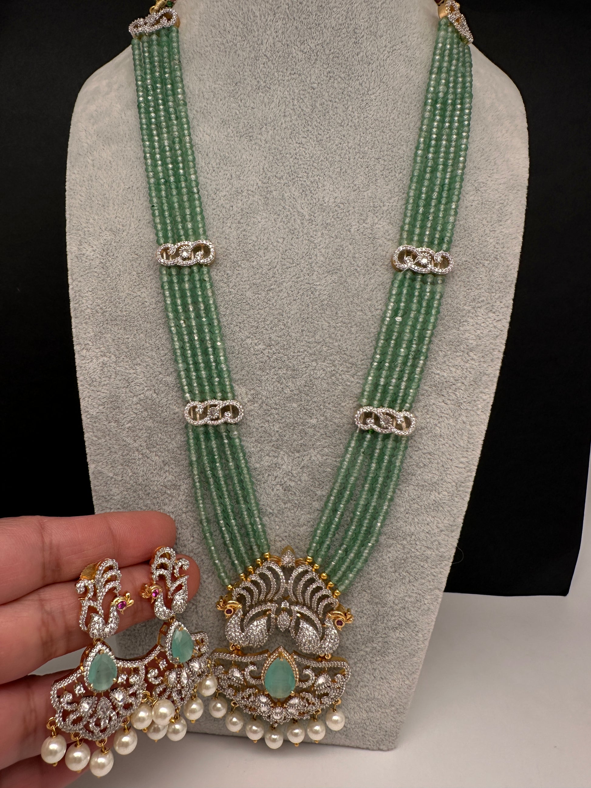 CZ Beads Long Color Stone Birdie Necklace - MintGreen