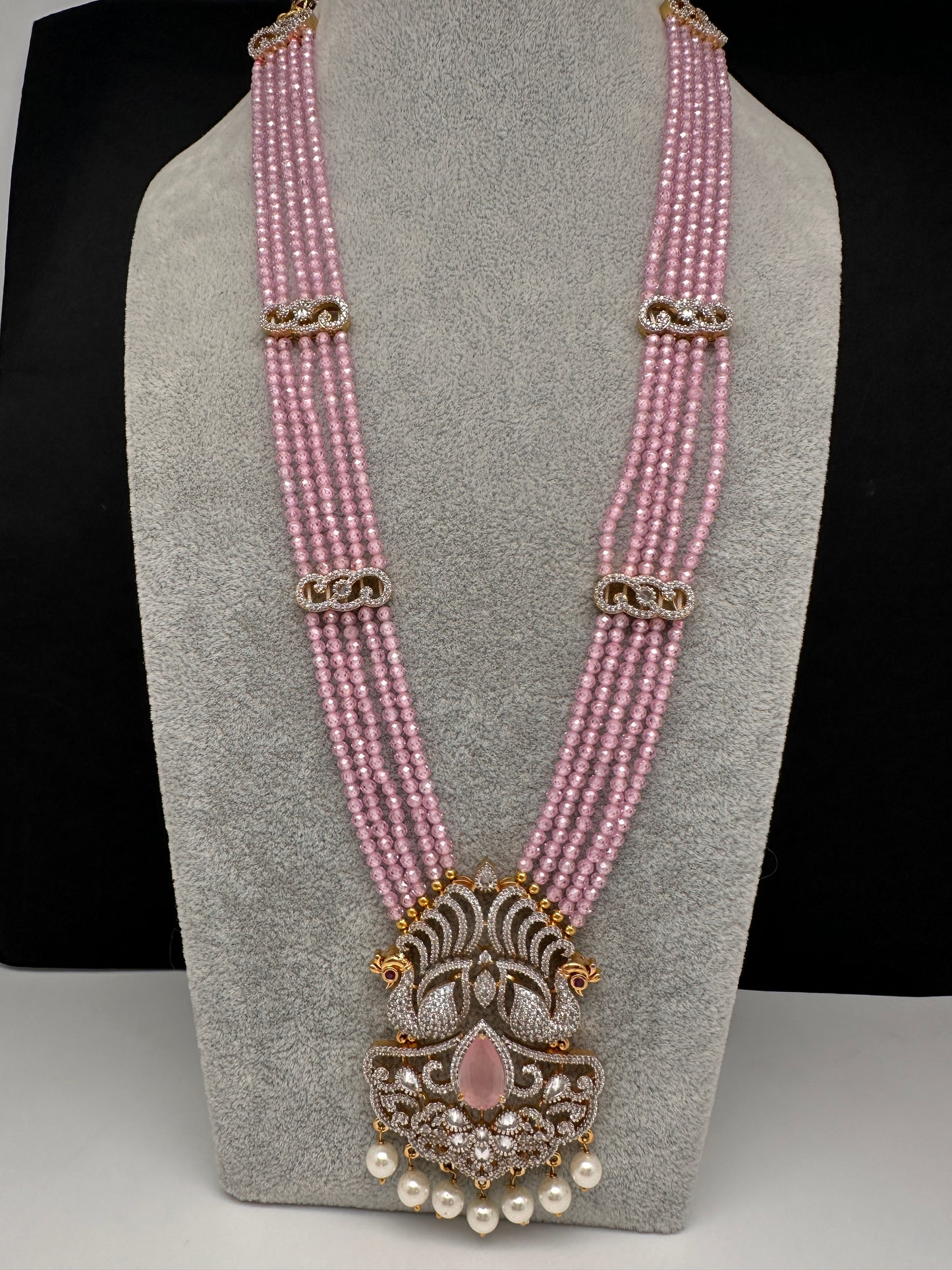 CZ Beads Long Color Stone Birdie Necklace - Pink