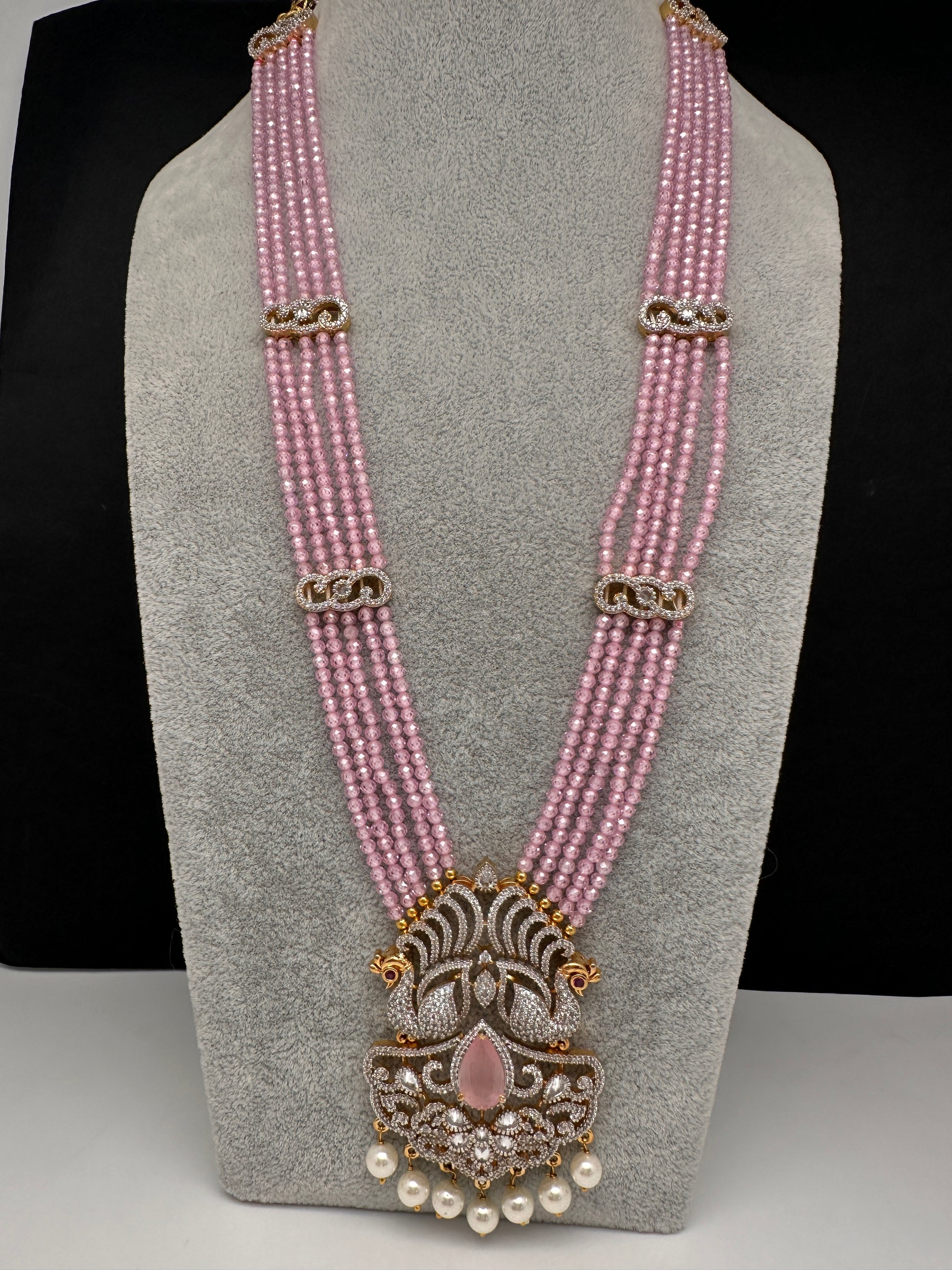 CZ Beads Long Color Stone Birdie Necklace - Pink