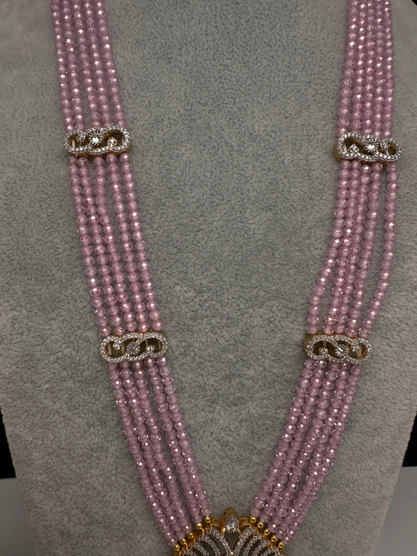 CZ Beads Long Color Stone Birdie Necklace - Pink
