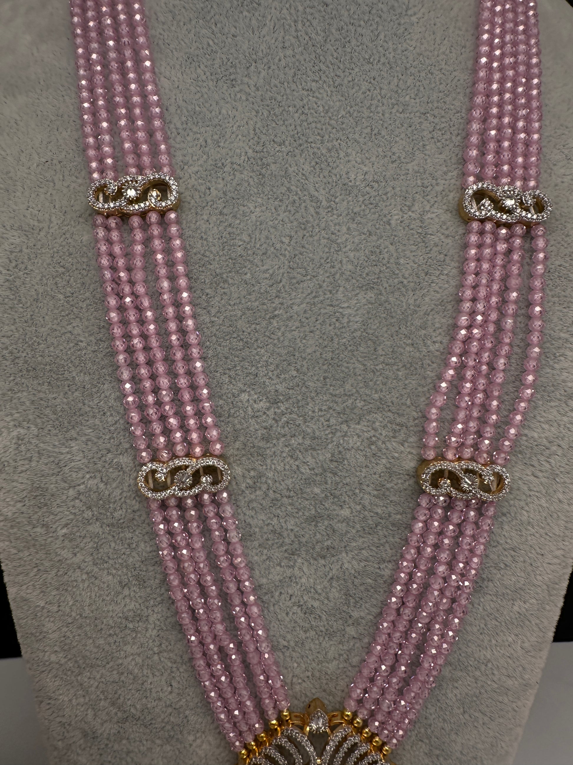 CZ Beads Long Color Stone Birdie Necklace - Pink