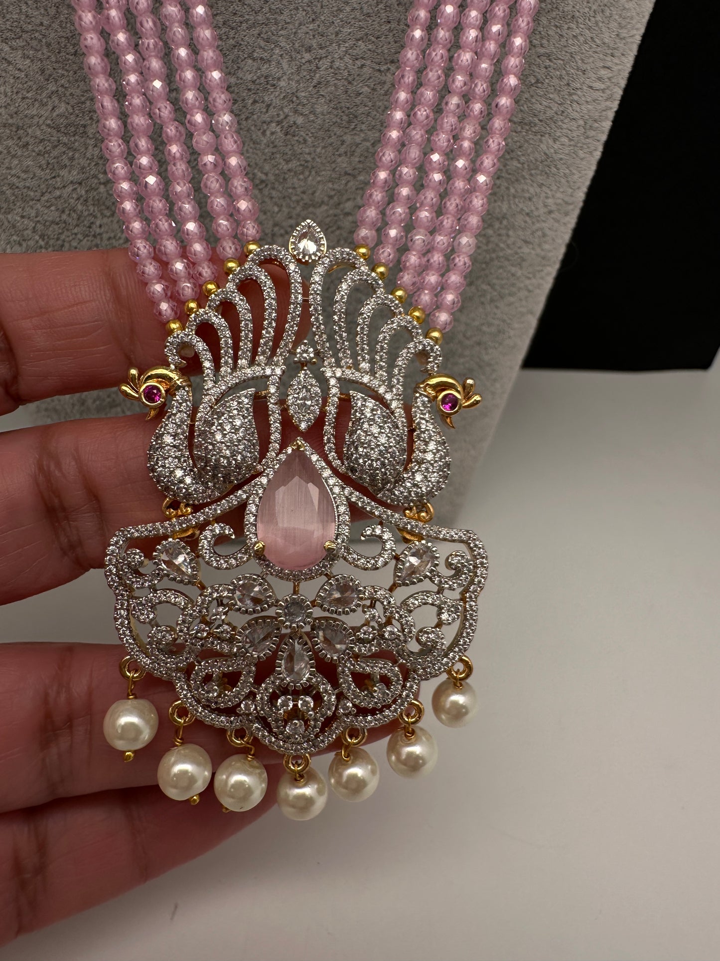 CZ Beads Long Color Stone Birdie Necklace - Pink