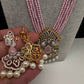 CZ Beads Long Color Stone Birdie Necklace - Pink