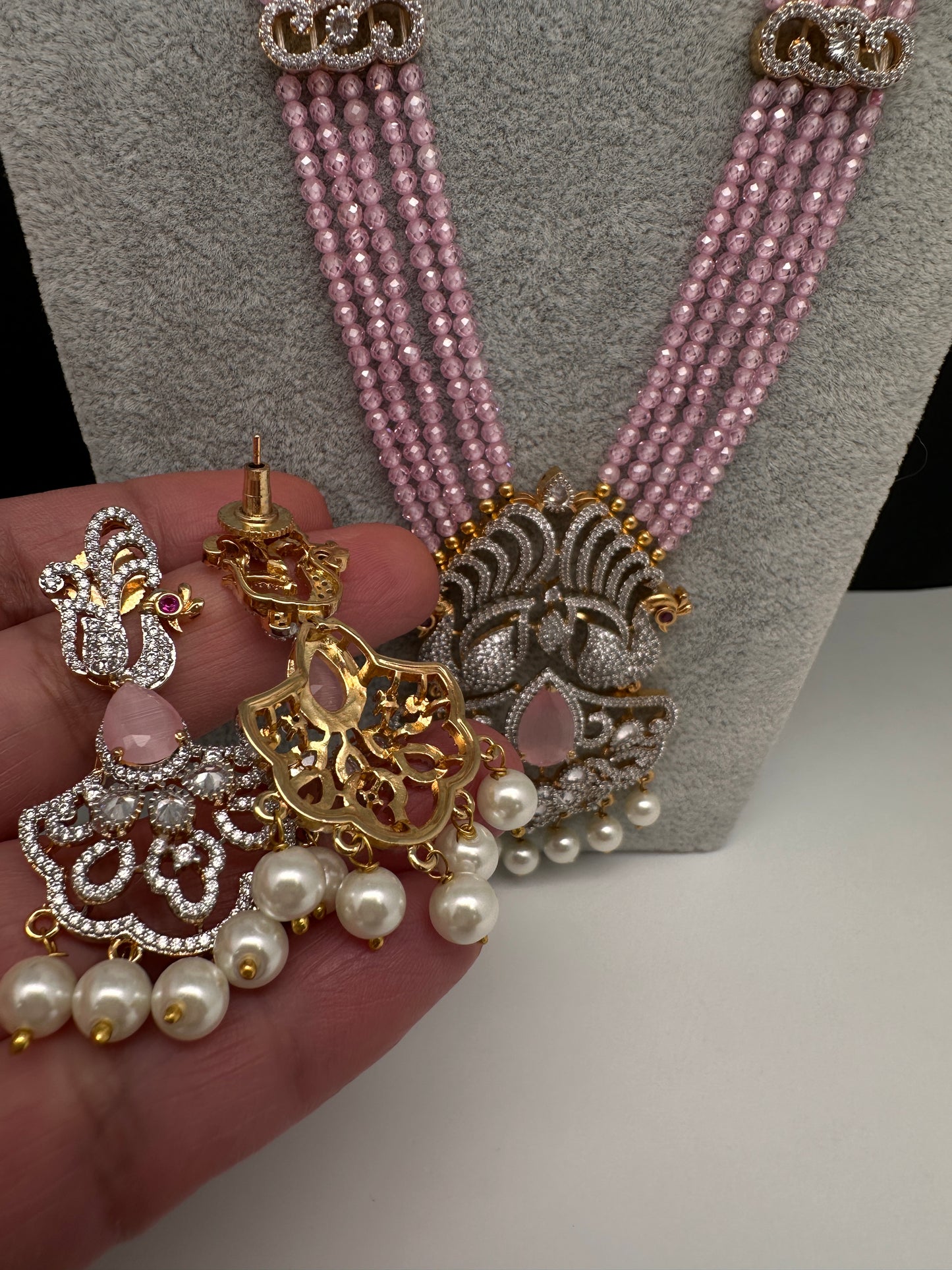 CZ Beads Long Color Stone Birdie Necklace - Pink