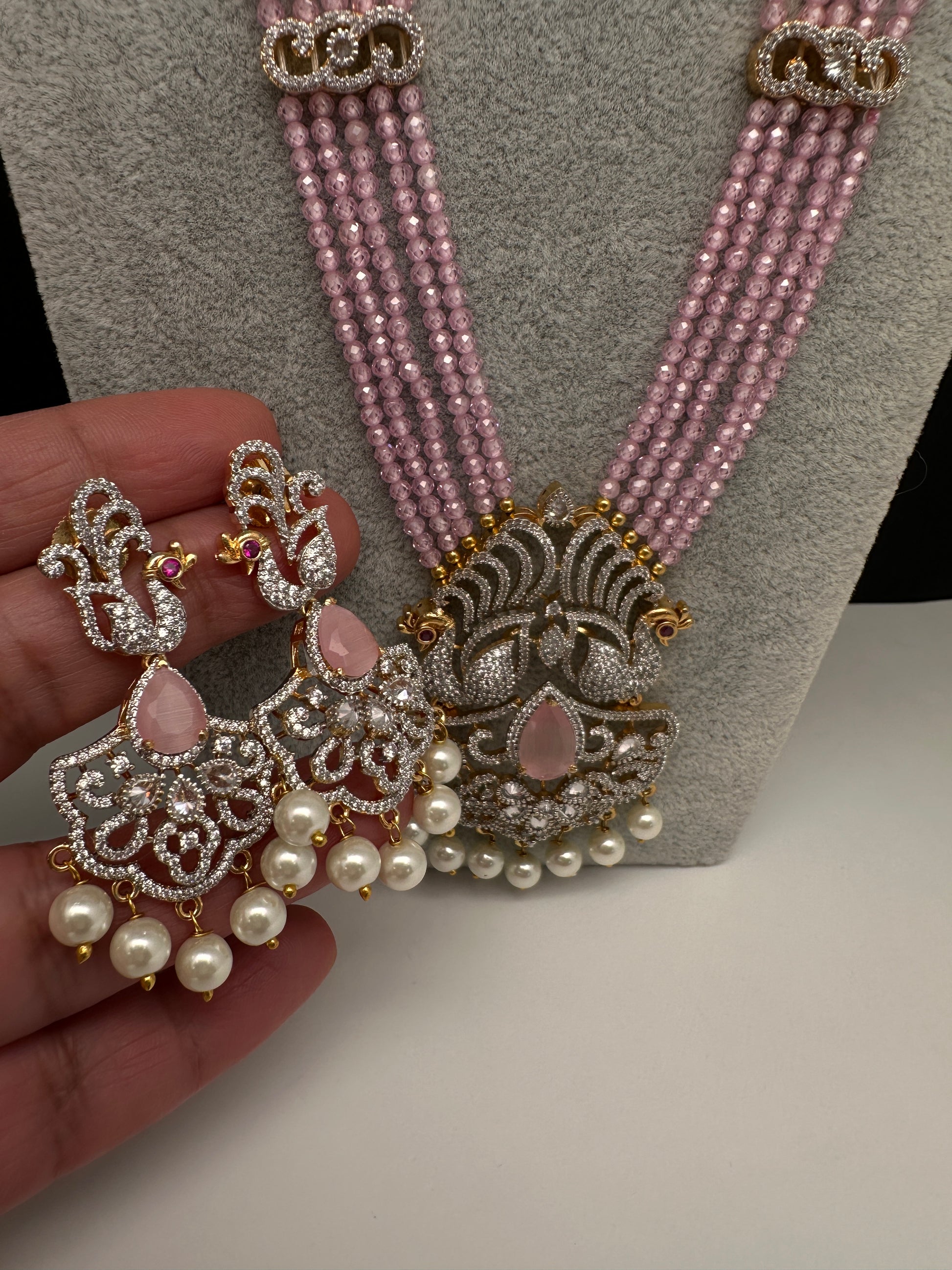 CZ Beads Long Color Stone Birdie Necklace - Pink