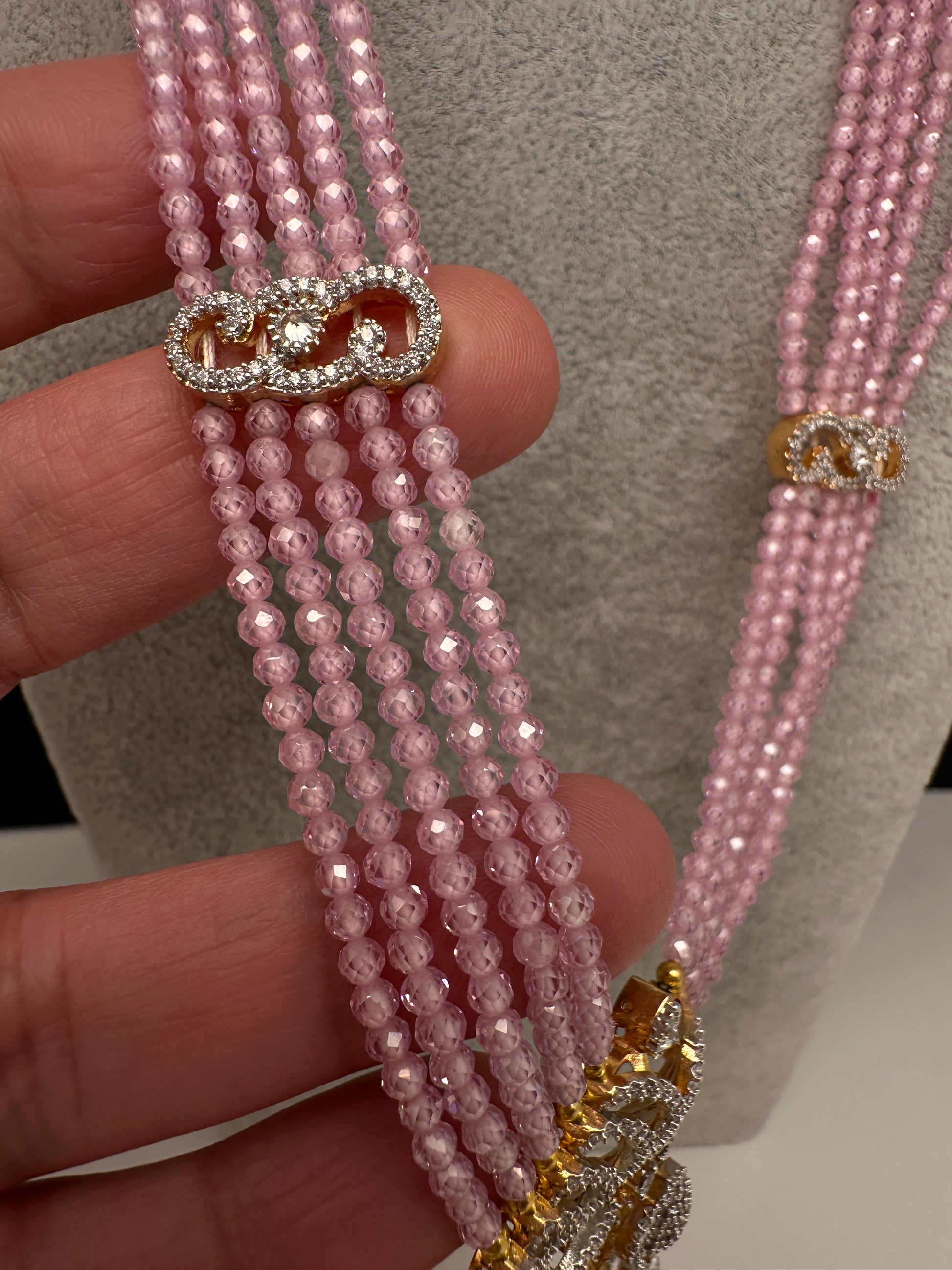 CZ Beads Long Color Stone Birdie Necklace - Pink