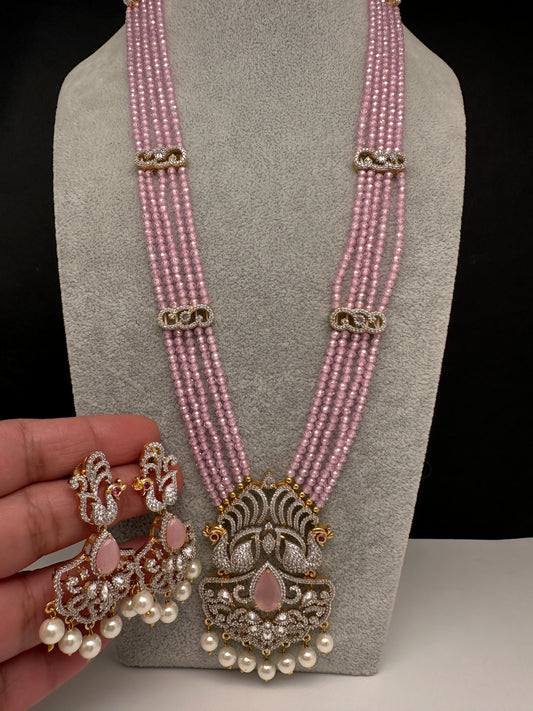 CZ Beads Long Color Stone Birdie Necklace - Pink