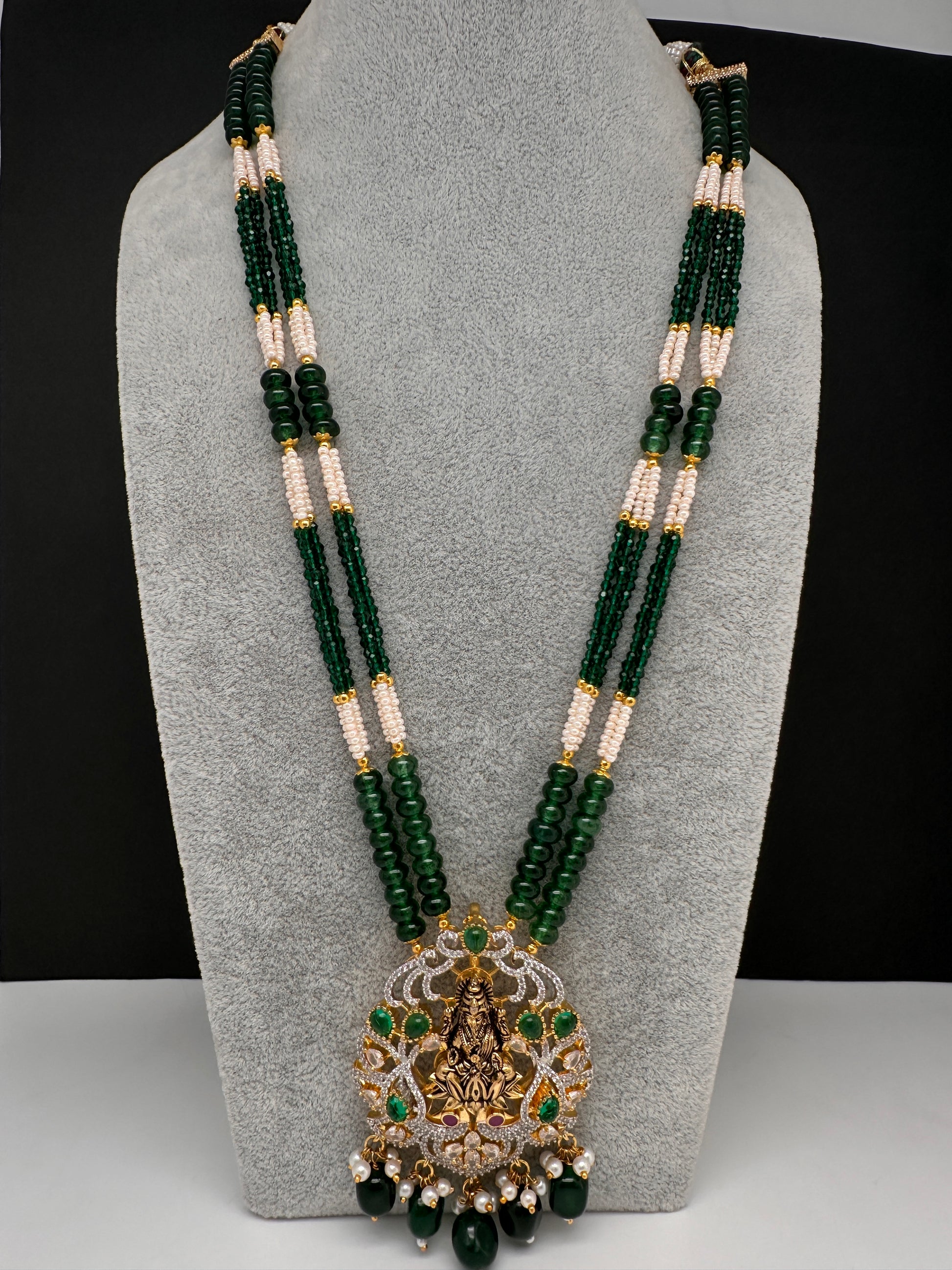 Goddess Lakshmi Beads Long Color Stone Necklace - Green