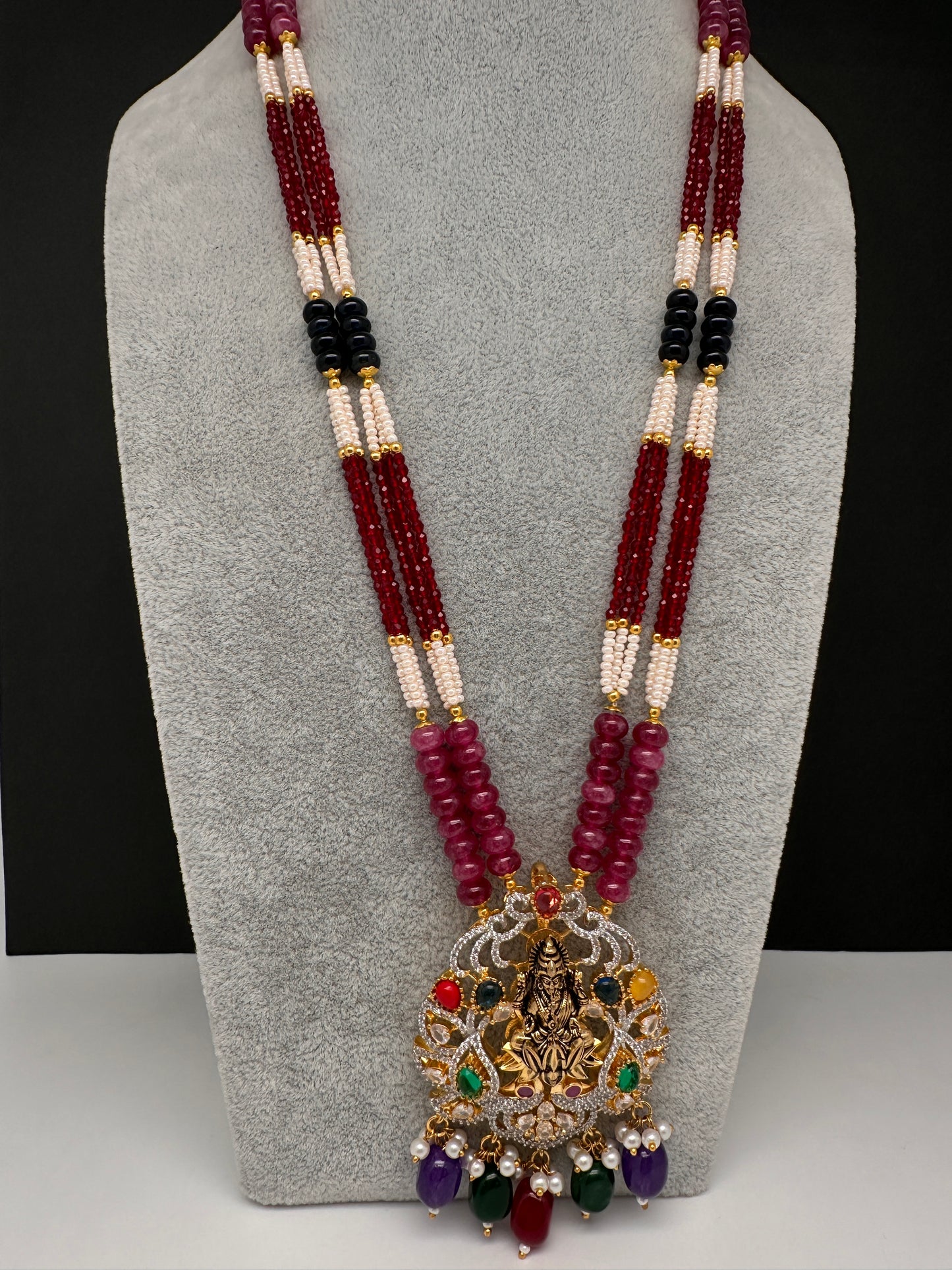 Goddess Lakshmi Beads Long Color Stone Necklace - Red