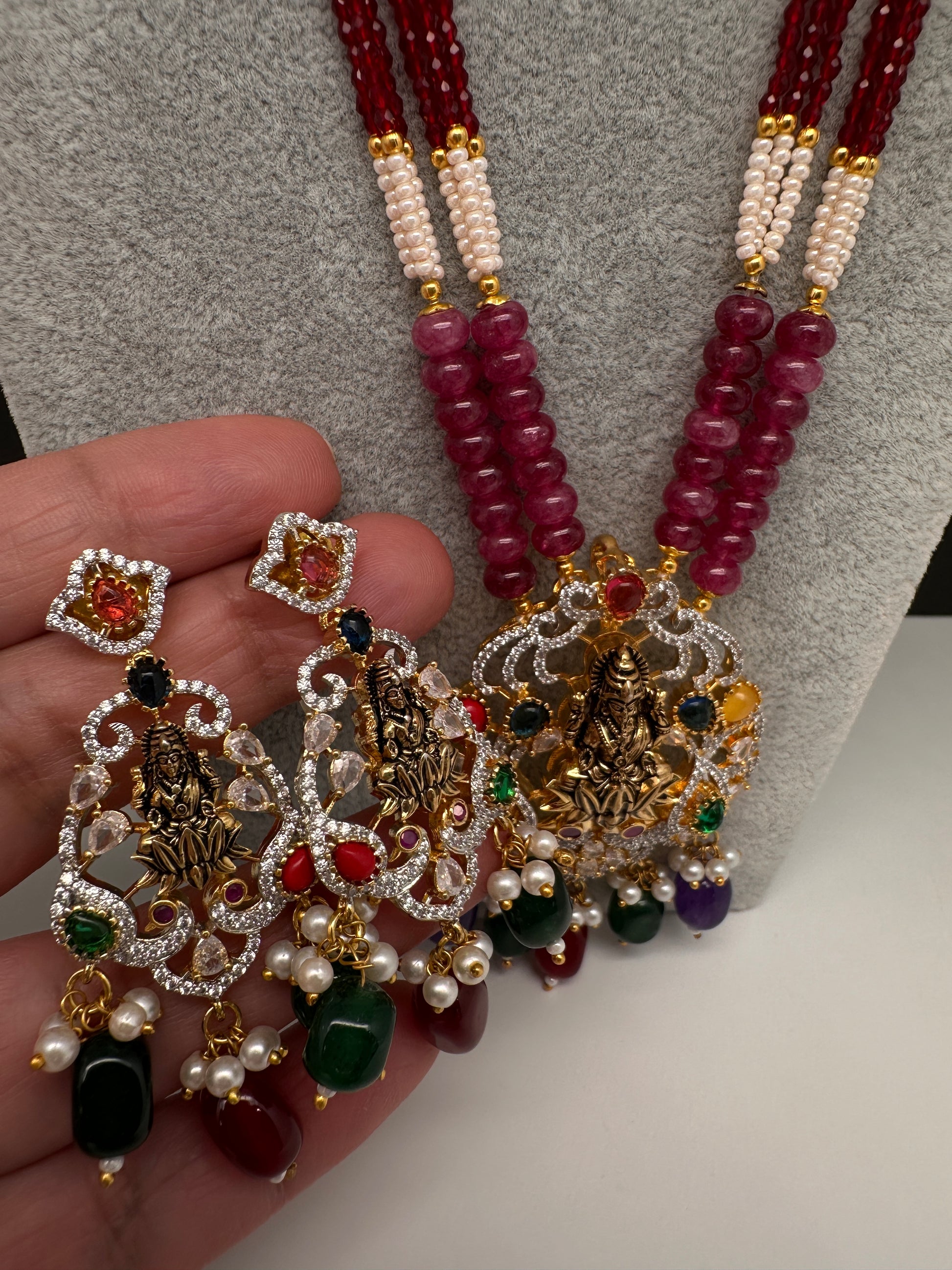 Goddess Lakshmi Beads Long Color Stone Necklace - Red