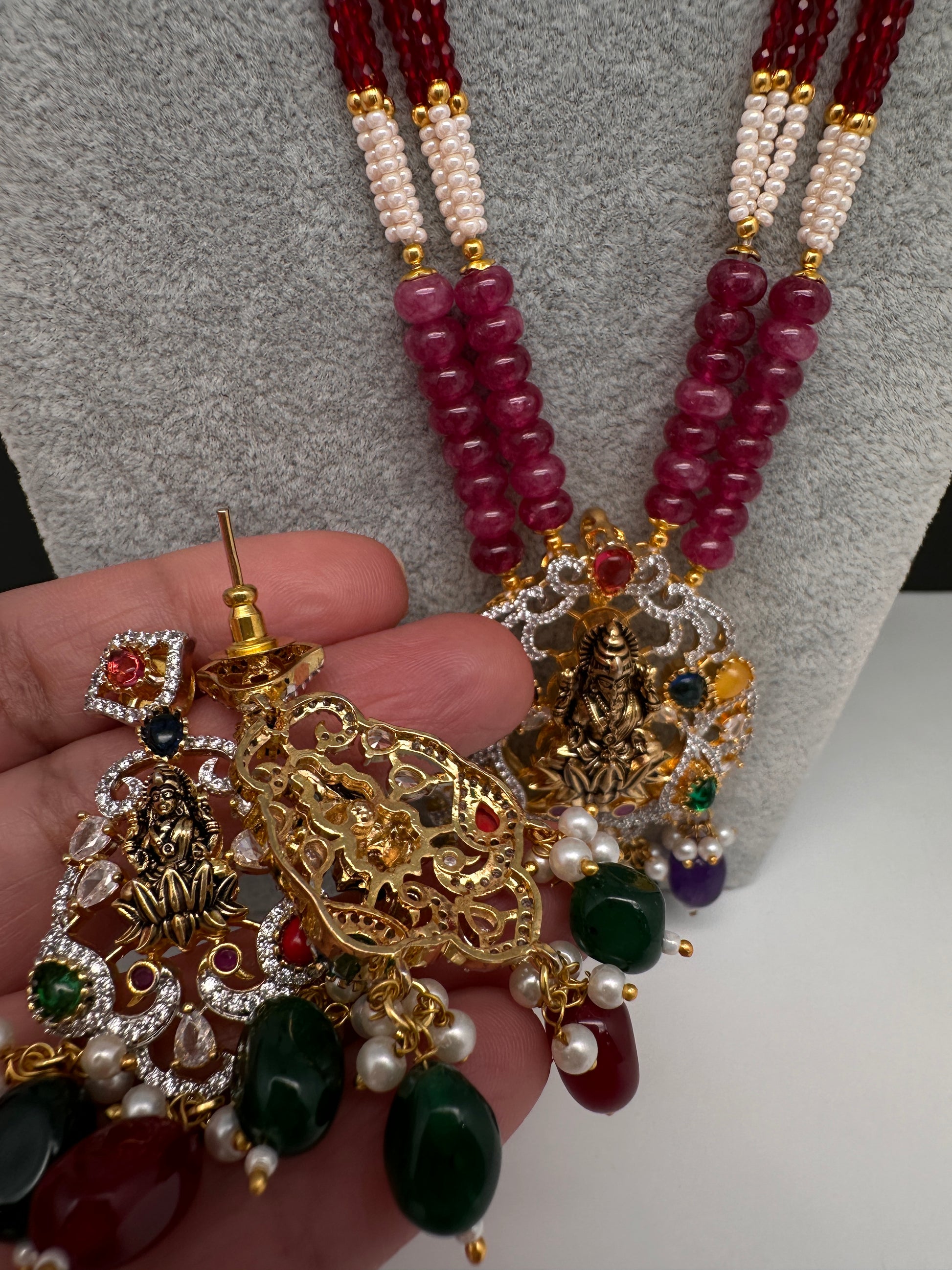 Goddess Lakshmi Beads Long Color Stone Necklace - Red