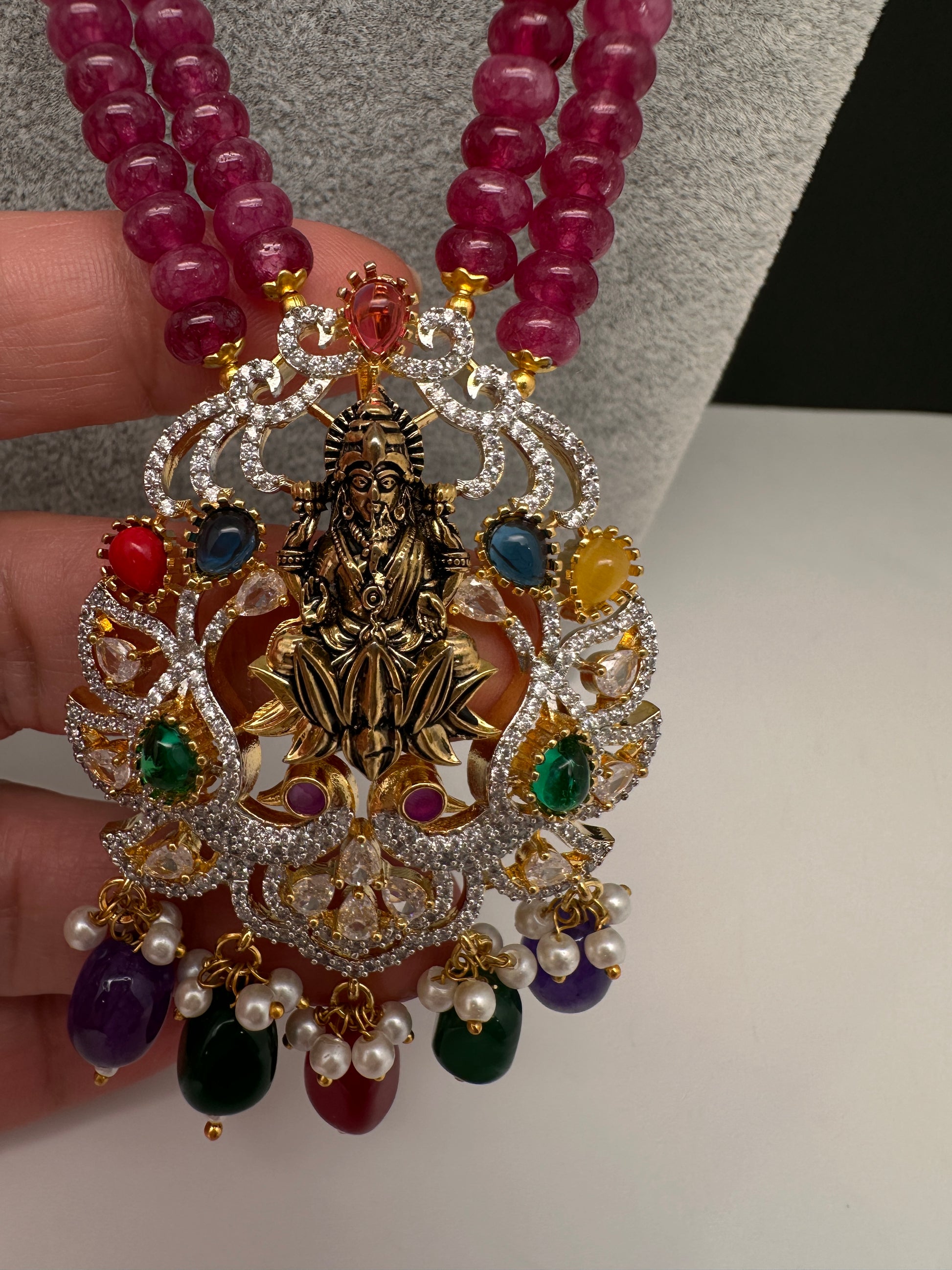 Goddess Lakshmi Beads Long Color Stone Necklace - Red