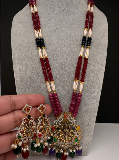 Goddess Lakshmi Beads Long Color Stone Necklace - Red