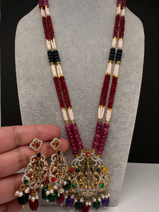 Goddess Lakshmi Beads Long Color Stone Necklace - Red