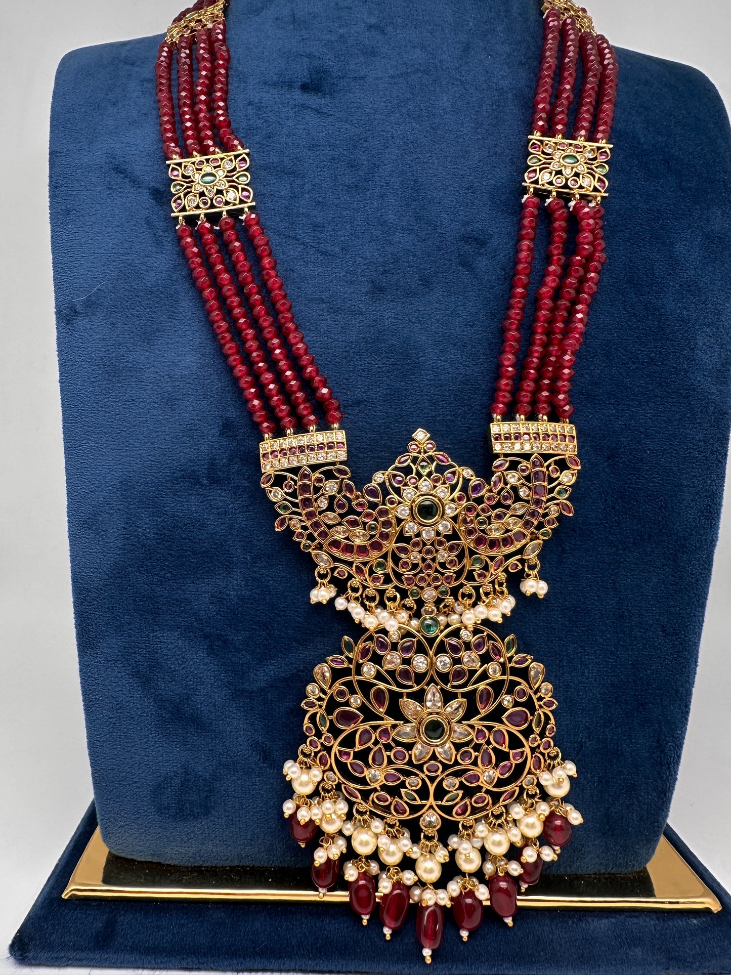 Kemp Beads Long Rani Haar Color Stone Necklace - Red