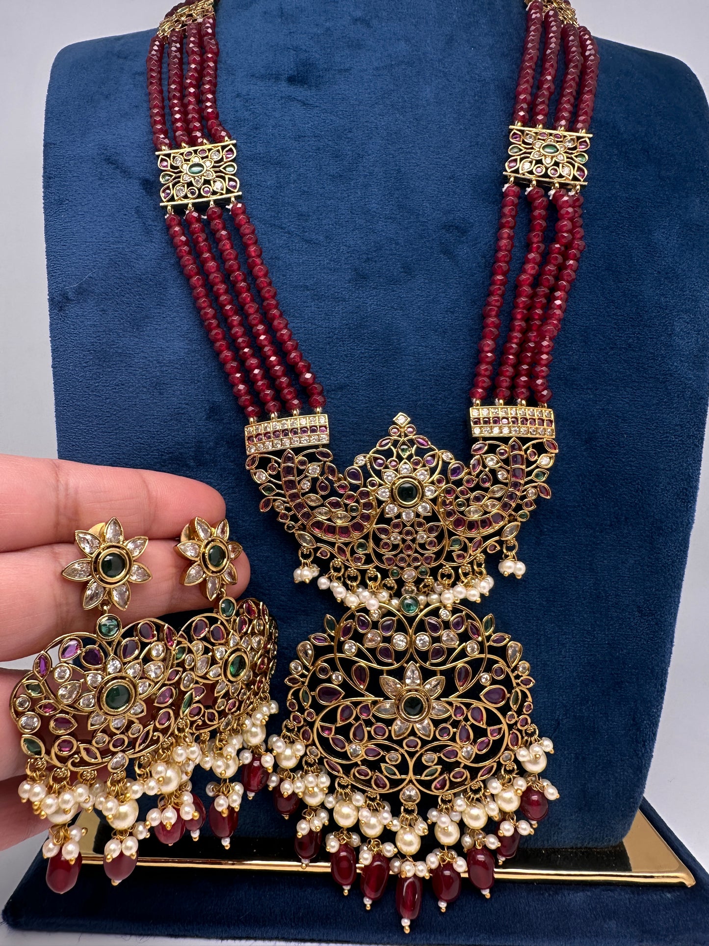 Kemp Beads Long Rani Haar Color Stone Necklace - Red