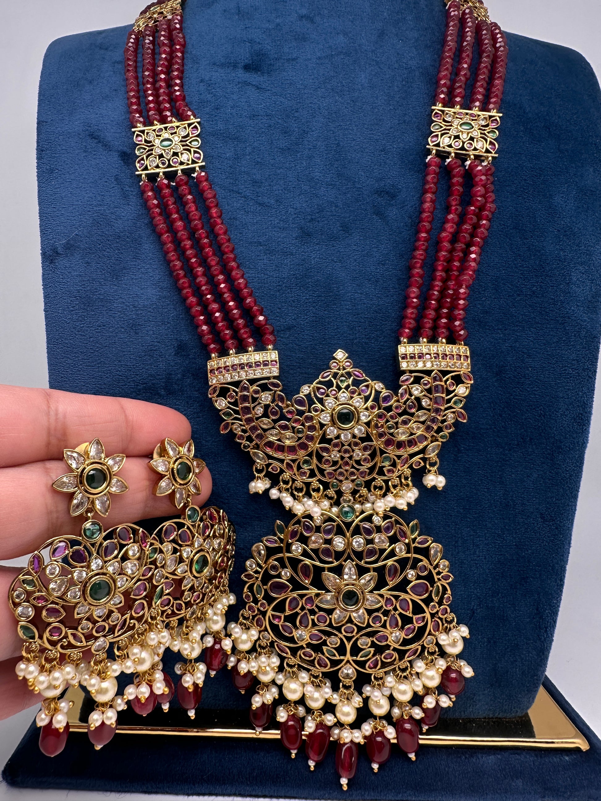 Kemp Beads Long Rani Haar Color Stone Necklace - Red