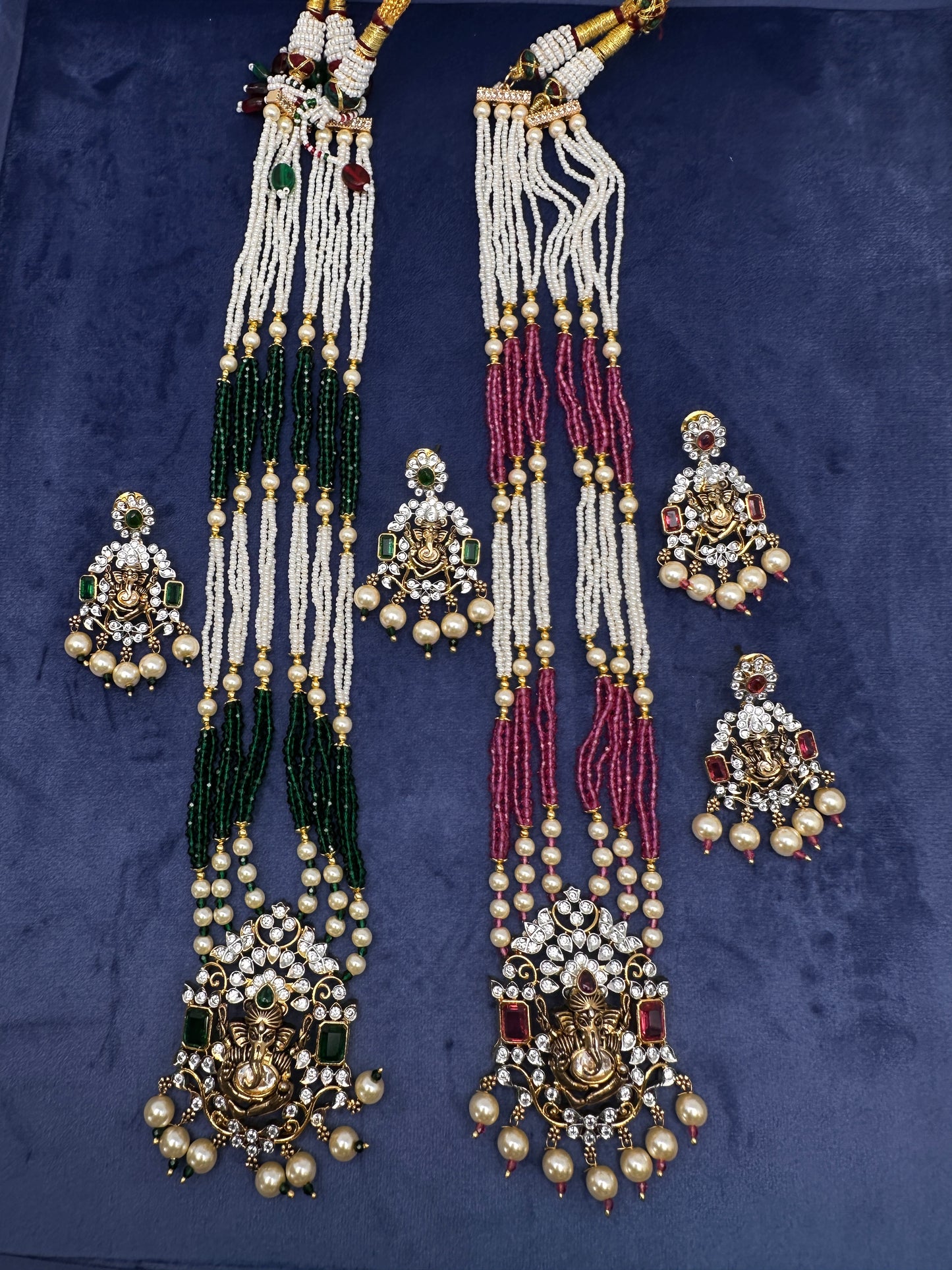 Ganesha Pearls Beads Long Color Stone Necklace - Green