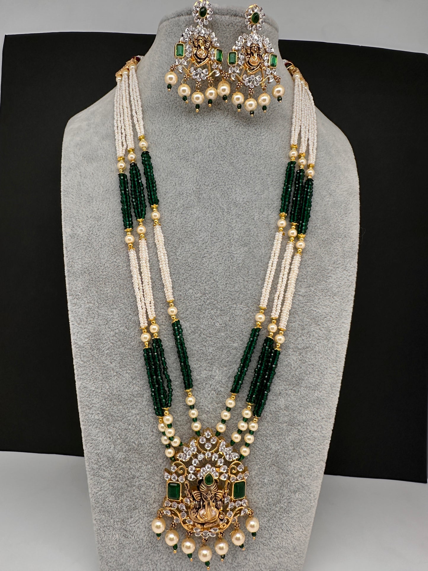 Ganesha Pearls Beads Long Color Stone Necklace - Green