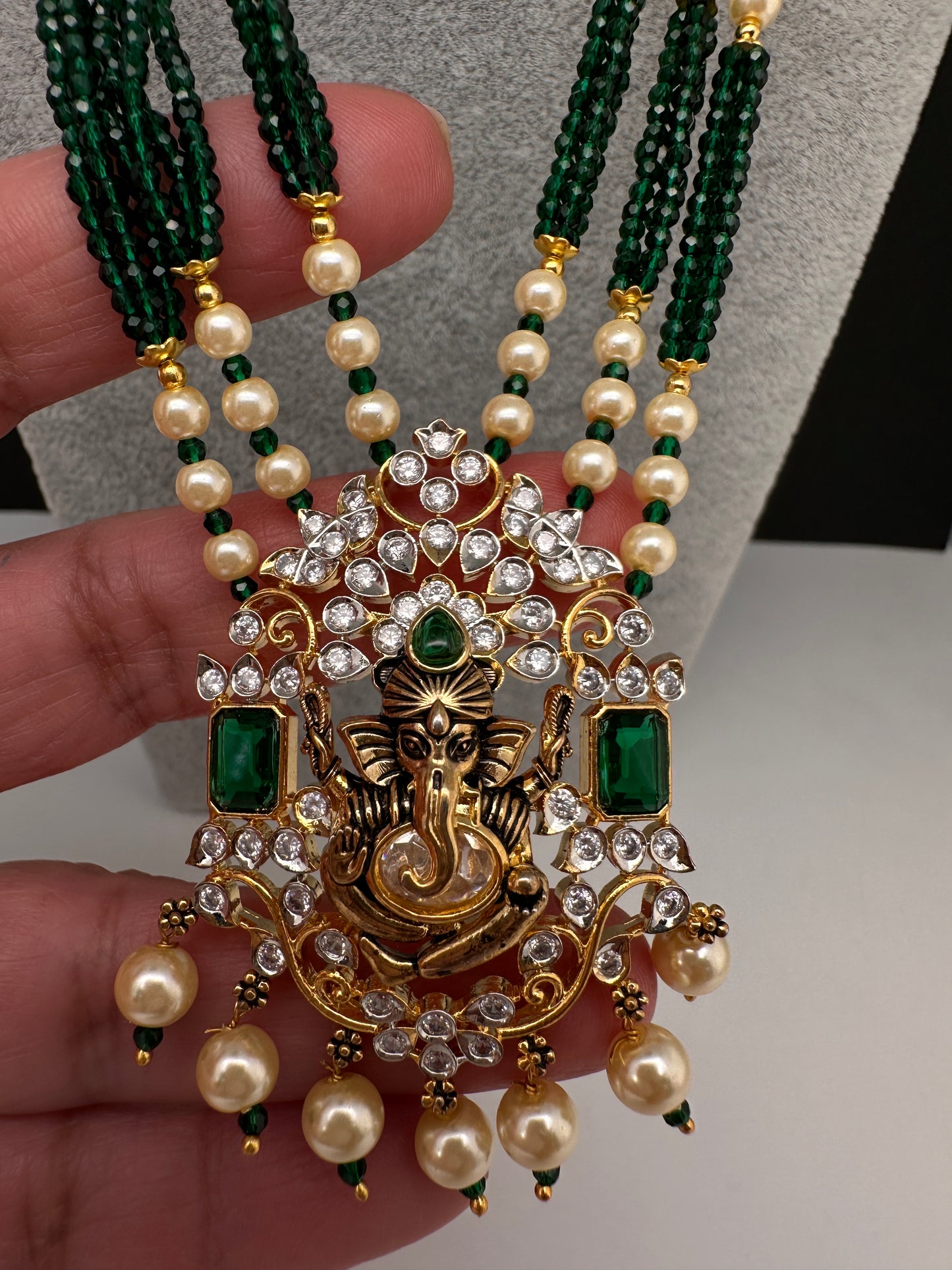 Ganesha Pearls Beads Long Color Stone Necklace - Green