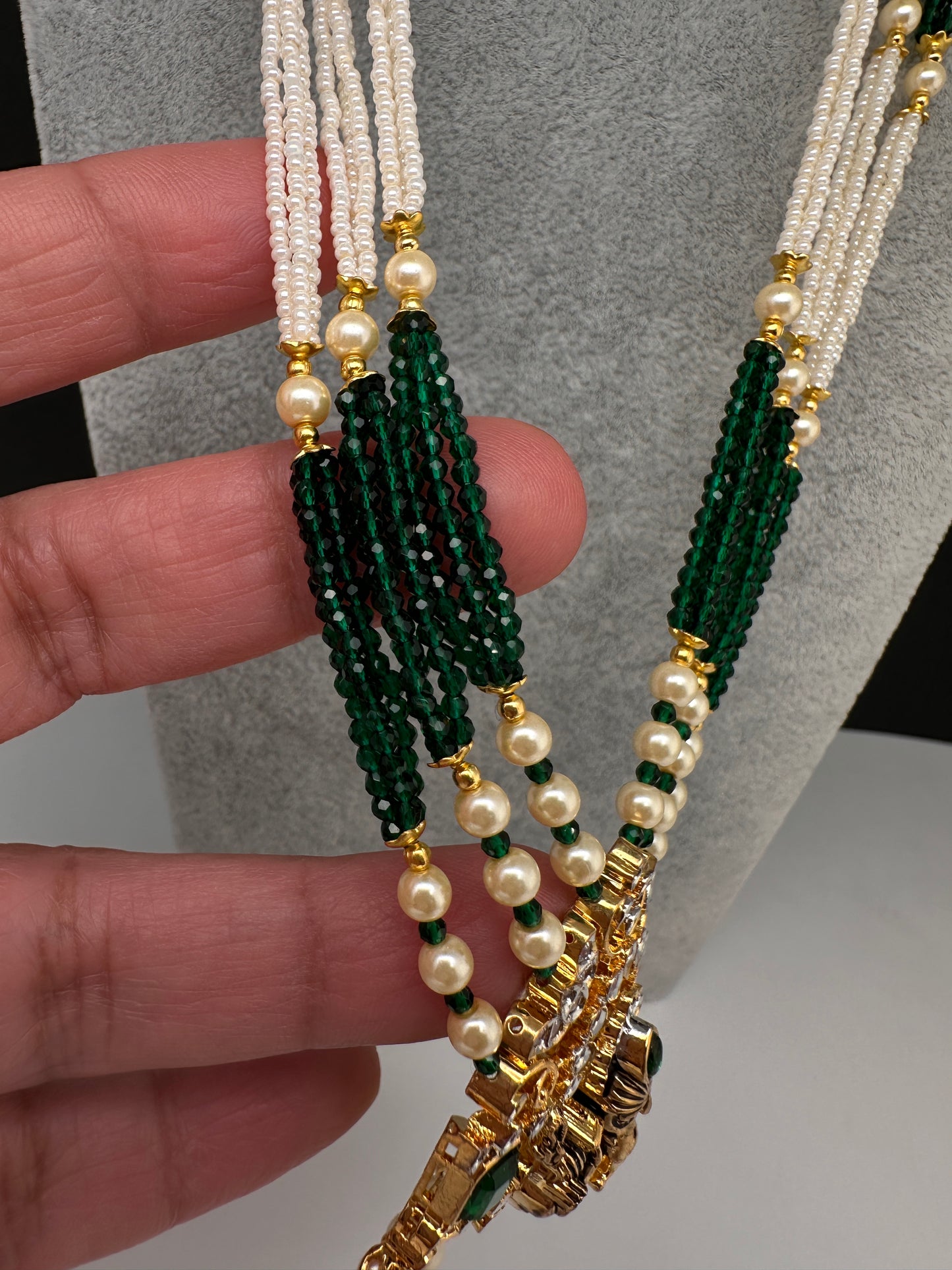 Ganesha Pearls Beads Long Color Stone Necklace - Green