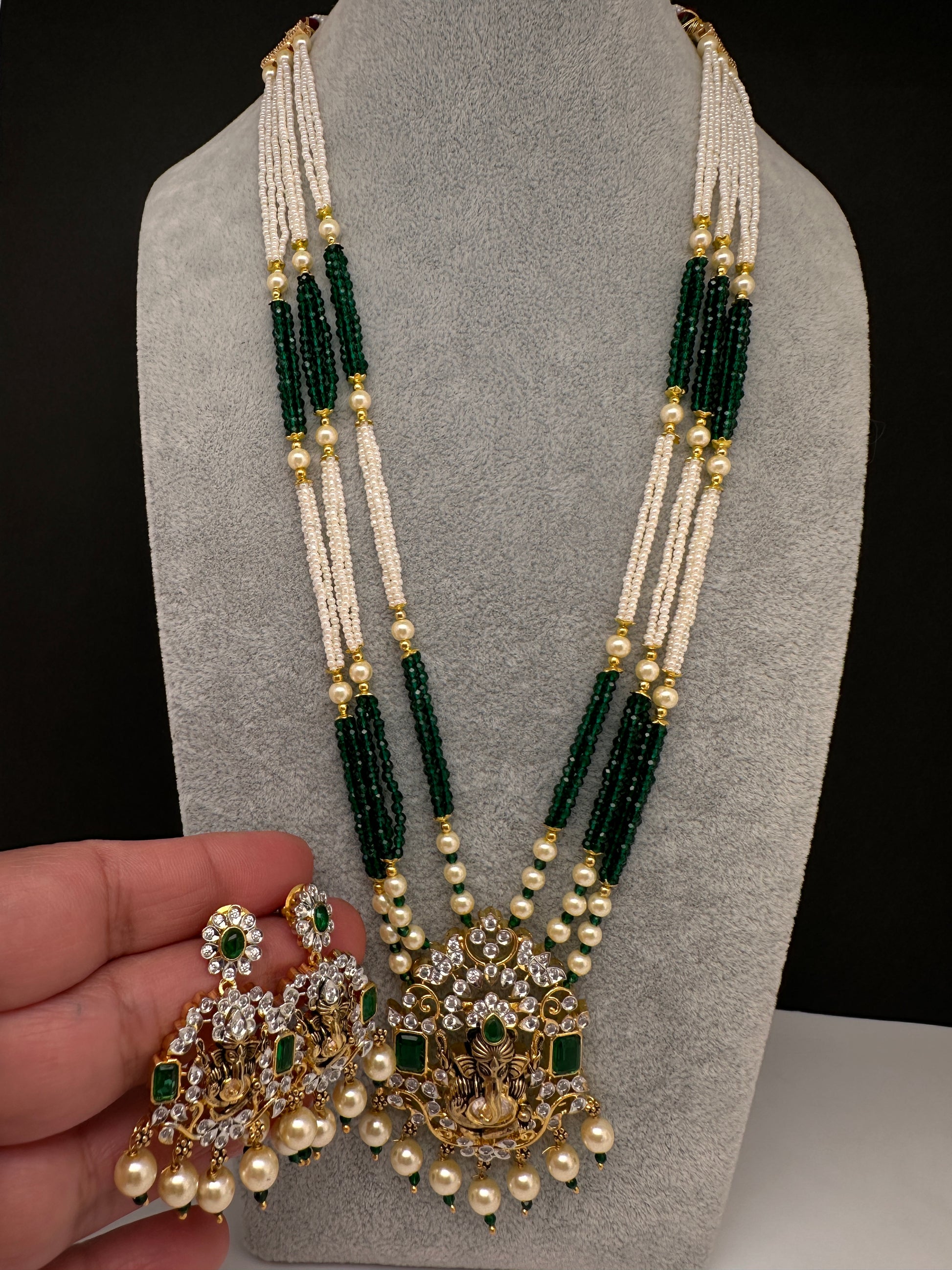 Ganesha Pearls Beads Long Color Stone Necklace - Green