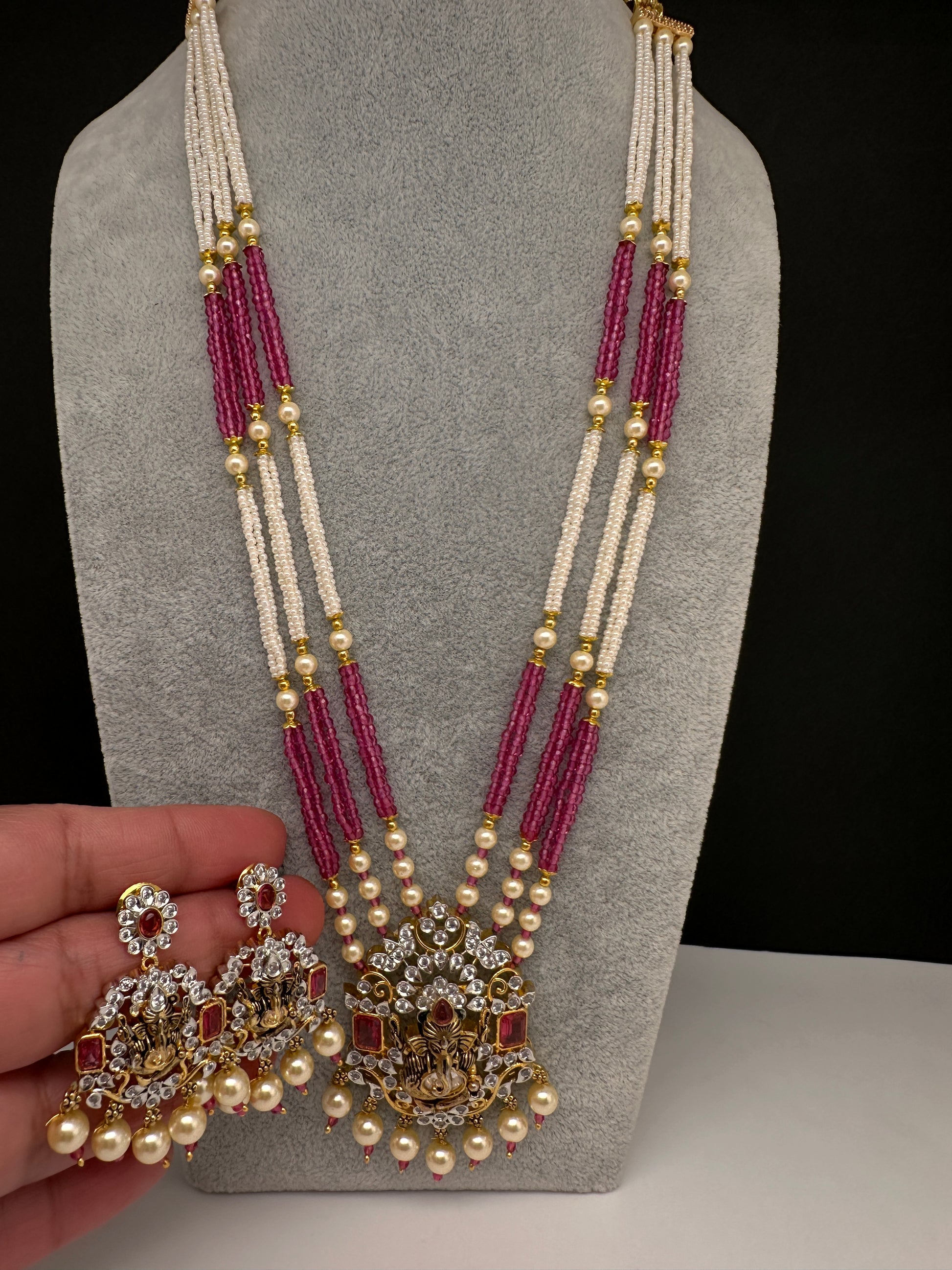 Ganesha Pearls Beads Long Color Stone Necklace - Red