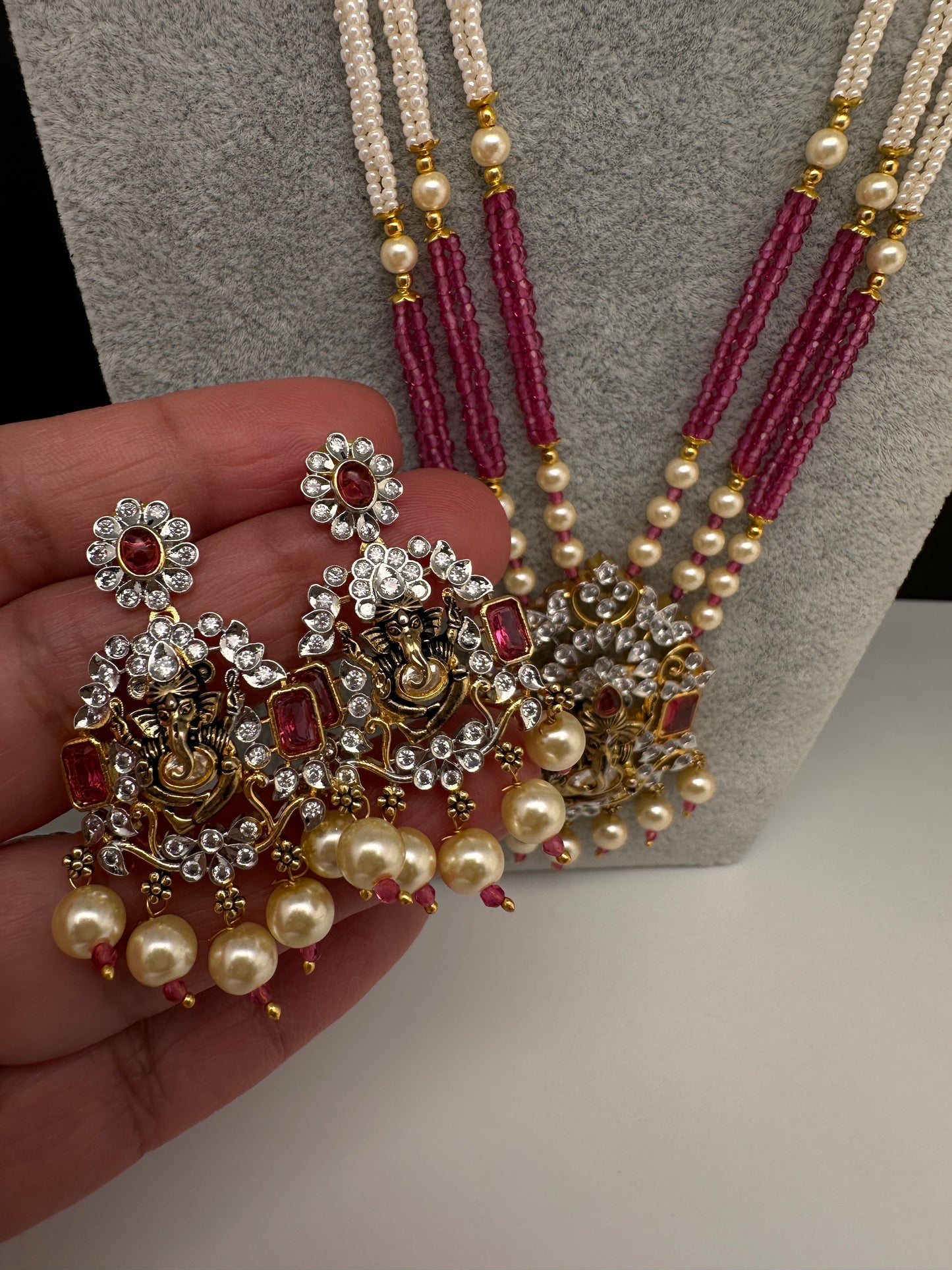 Ganesha Pearls Beads Long Color Stone Necklace - Red