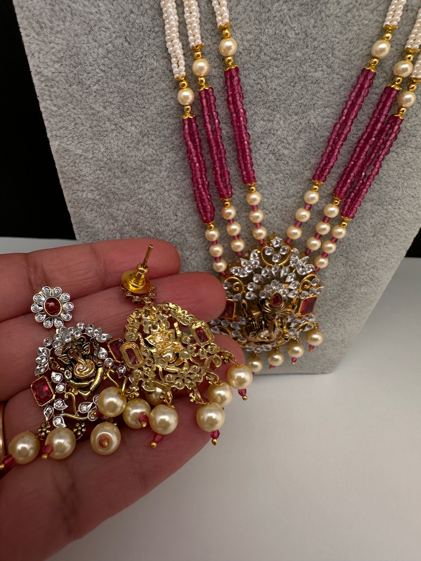 Ganesha Pearls Beads Long Color Stone Necklace - Red