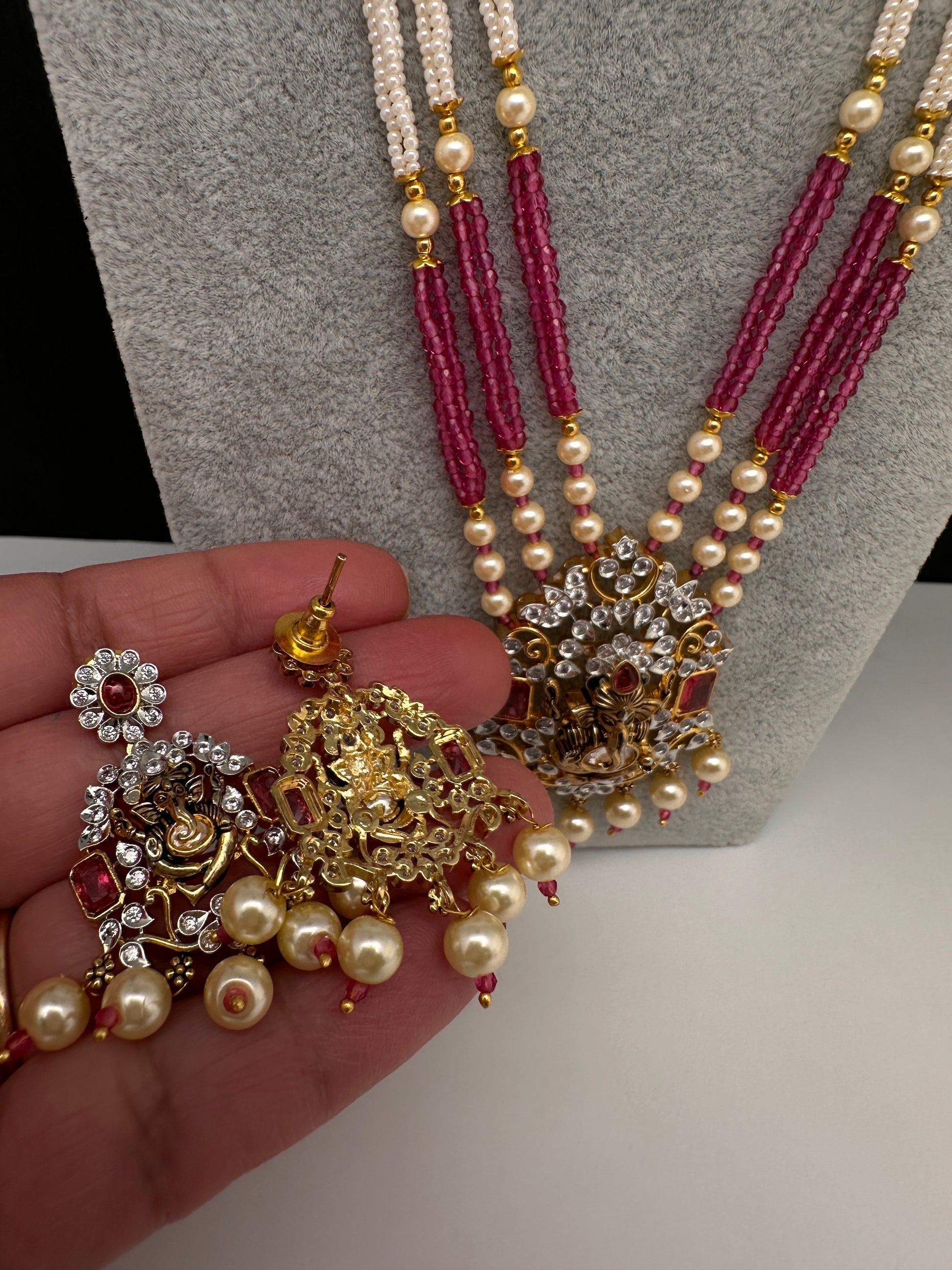 Ganesha Pearls Beads Long Color Stone Necklace - Red